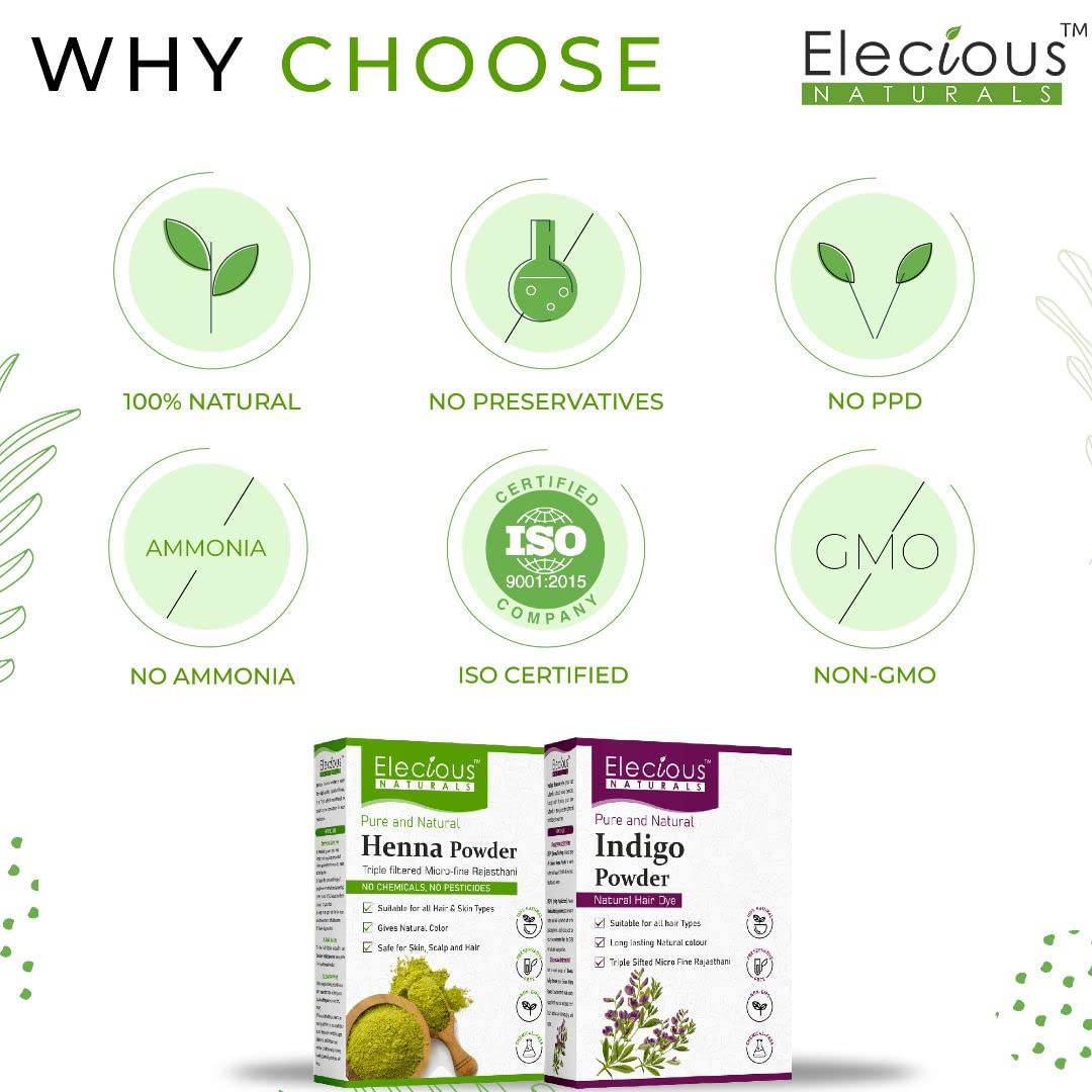 Elecious Naturals Indigo and Henna Powder for Black Hair - 200g Each, Total 400g | 100% Natural Hair Dye for Gray Coverage & Hair Coloring | Perfect for DIY Hair Treatments at Home
