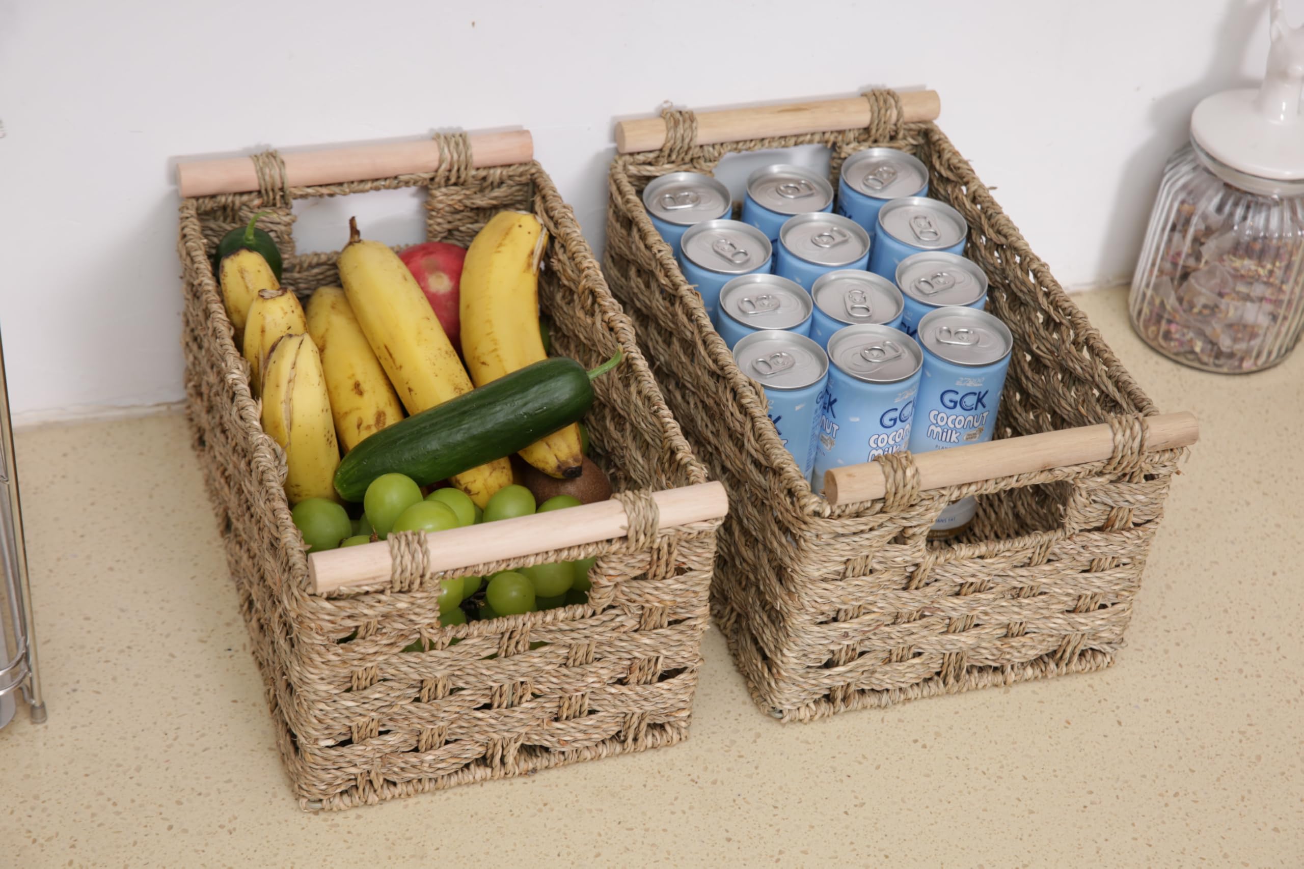 Large Seagrass Storage Basket with Wooden Handles - Home Organization for Bathroom & Kitchen