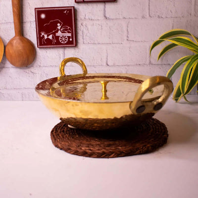 Premium Brass Kadai With Lid - Traditional Indian Cooking Pot for Biryani, Curry & Stews - Ideal for Home Kitchens & Restaurants
