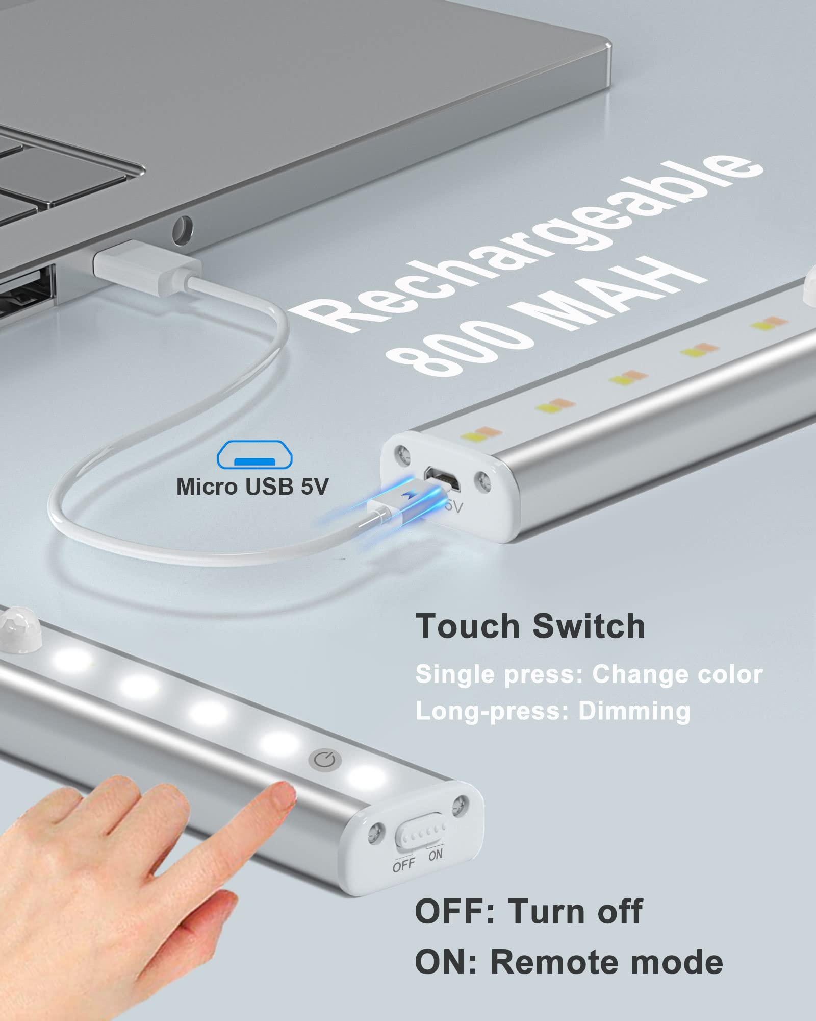 Rechargeable 20-LED Under Cabinet Lighting with Remote - 3 Color Adjustable Kitchen Counter Lights & Closet Light Bar | Perfect for Kitchen Workspaces, Pantry Shelves, and Wardrobe Lighting