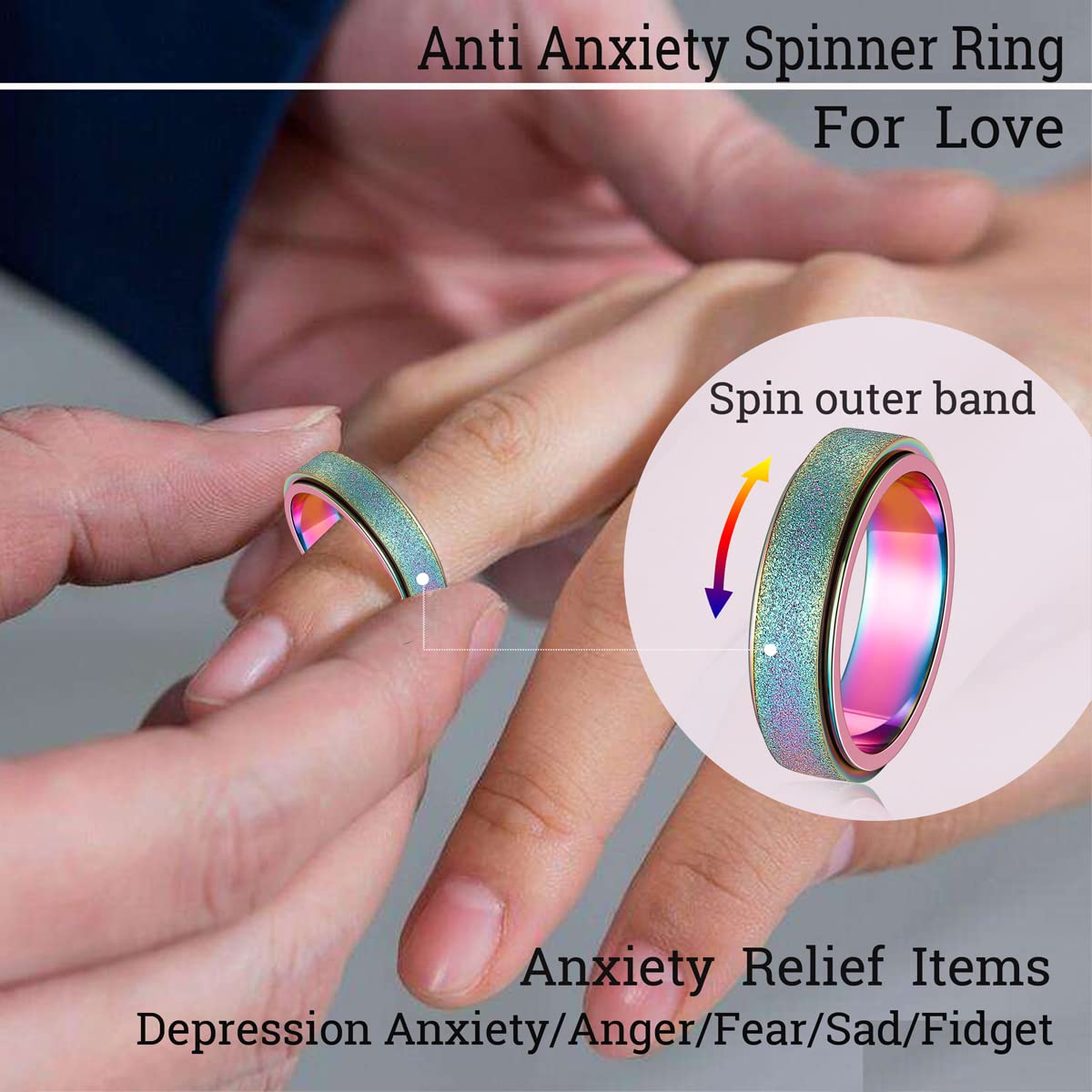 OreilleStar Anxiety Relief Spinner Ring for Women & Men - Stainless Steel Fidget Thumb Ring (Rainbow, Size 6) - Stress Relief, ADHD, Autism & Anxiety Management - Perfect for Office, Travel & Daily Focus