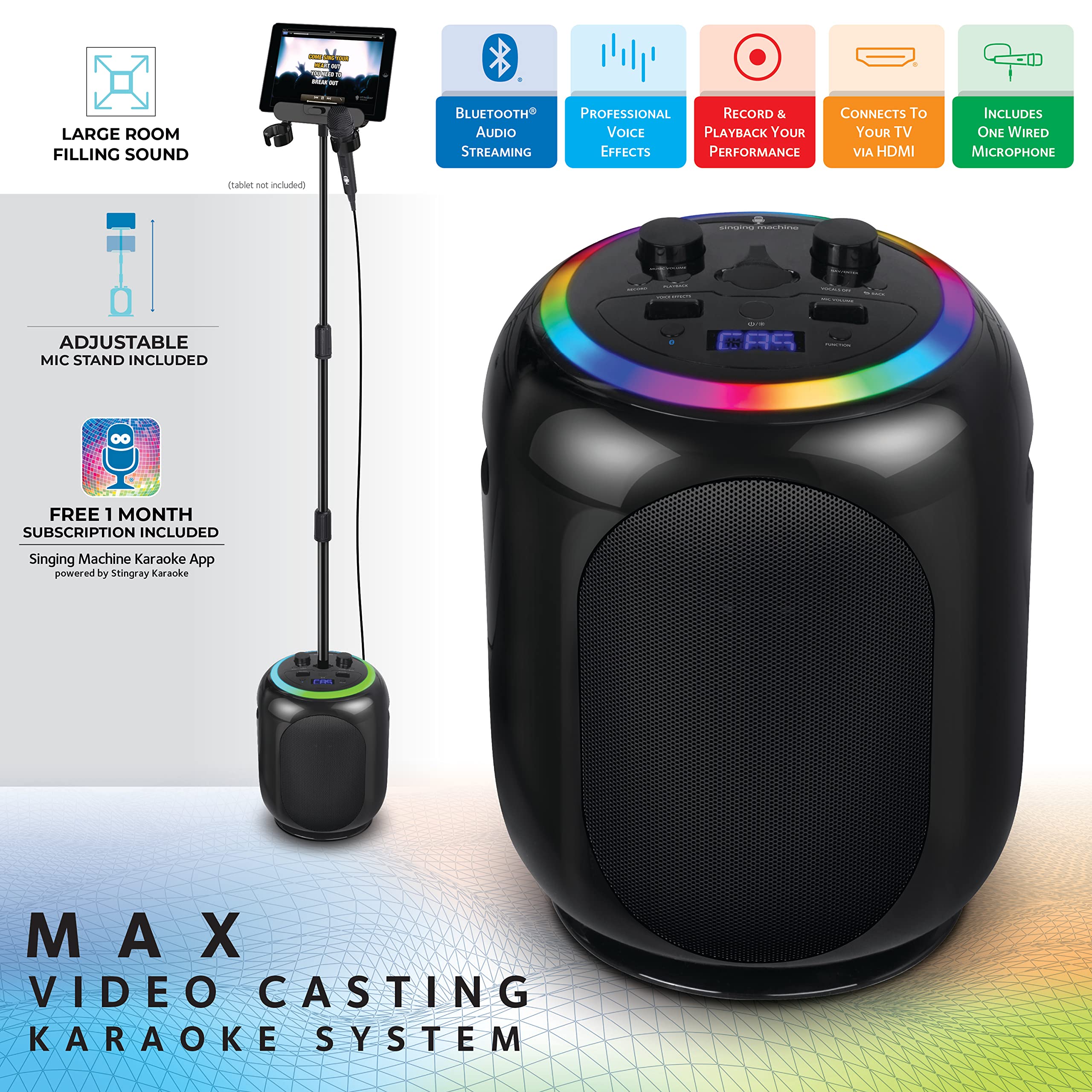 Singing Machine SingCast MAX Bluetooth Karaoke Machine with Video Casting, 35W Party Speaker, Microphone, 22 Voice Effects & Pitch Correction - Portable PA System with LED Lights & Stand for Home Parties, Family Gatherings, Kids Birthday & Entertainment Events