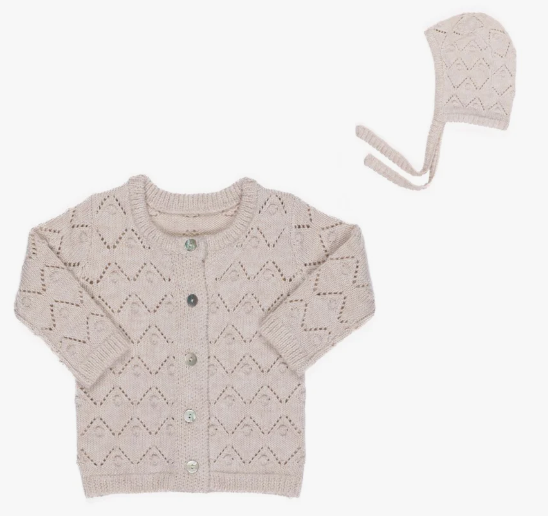 KIPP Chunky Knit Cardigan & Bonnet Set for Babies (3M, 6M) - Soft Winter Outfit for Newborn Photoshoots & Family Gatherings