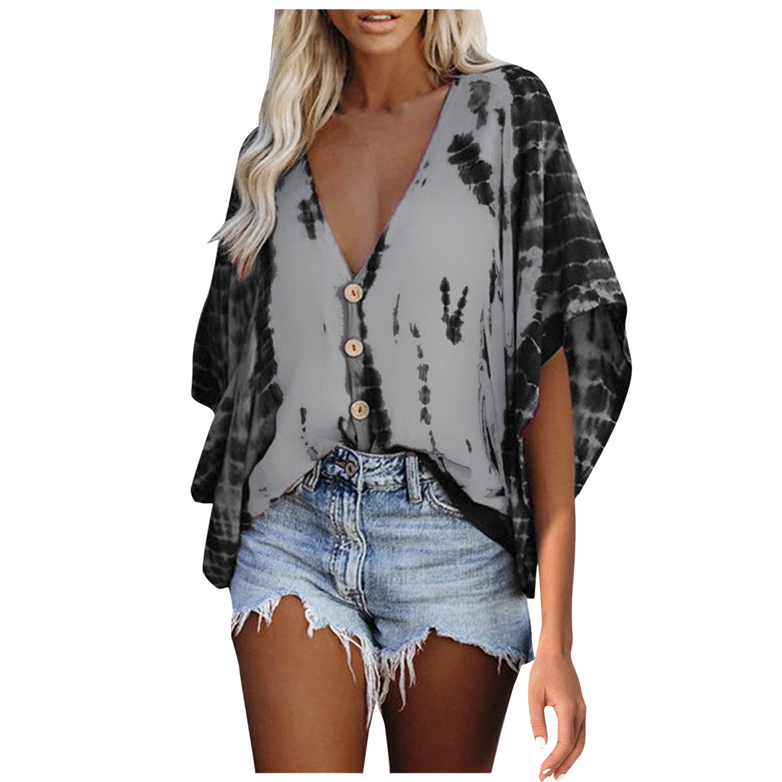 Women's Floral Printed Tie-Dye Loose Blouse - Purple V-Neck Bell Sleeve Top | Casual Wear, Summer Outfits, Boho Style Fashion