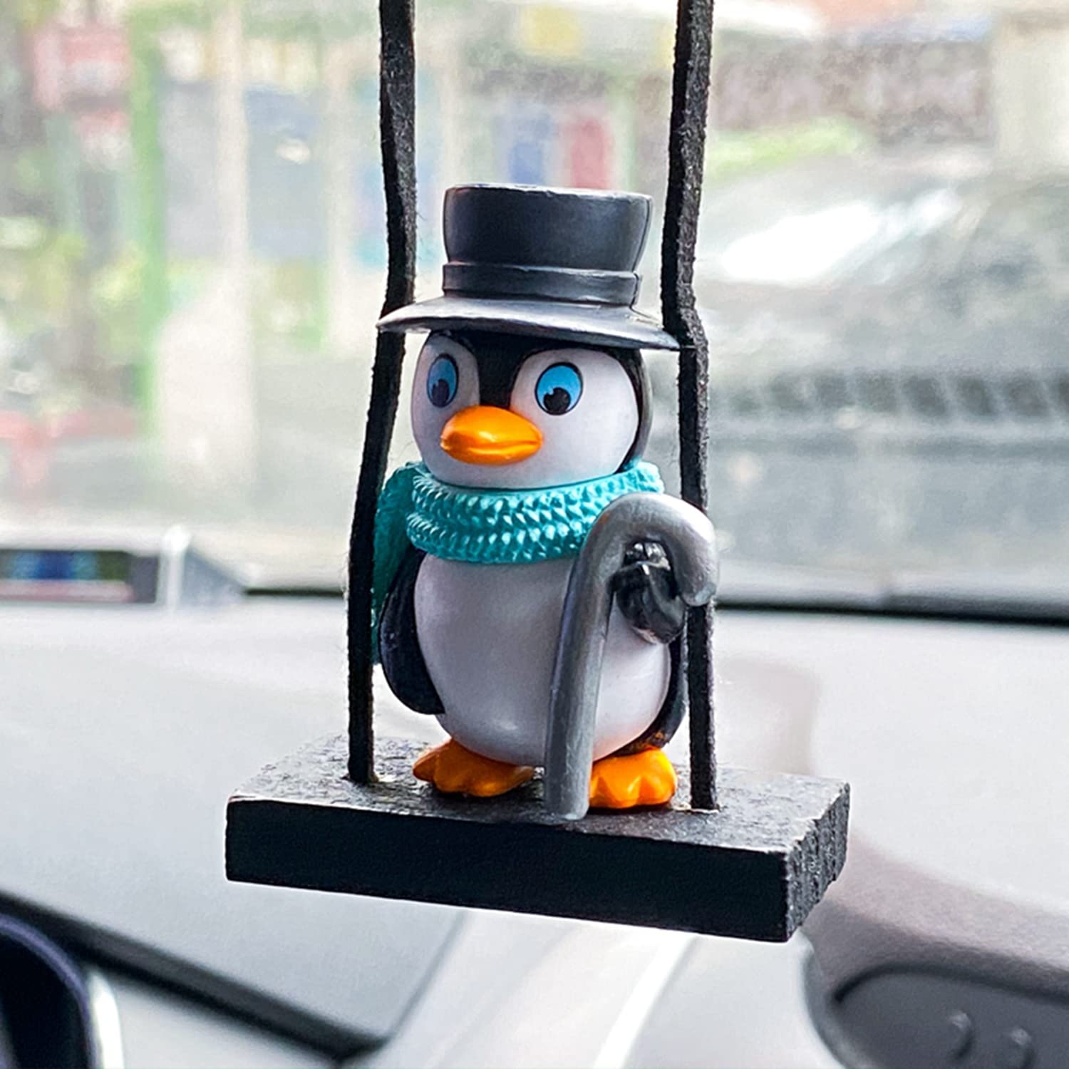 Adorable Swinging Penguin Car Rearview Mirror Hanging Decor - Cute Black Penguin Pendant for Car Accessories | Perfect Gift for Penguin Lovers & Fun Car Interior Decoration