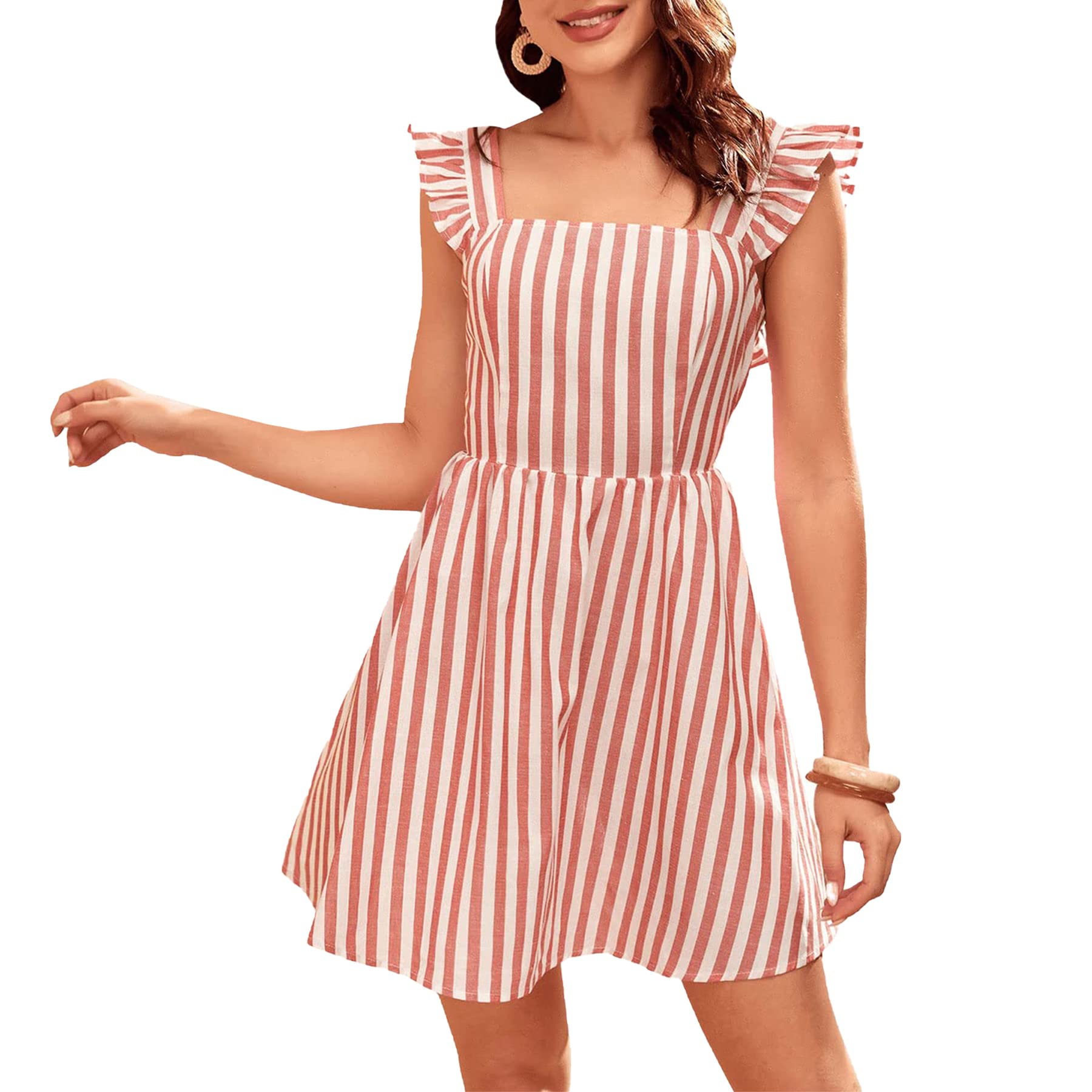 HDN Women's Cute Lace Up Ruffle A-Line Flared Short Dress - Sleeveless Back Lace Up Casual Summer Dress for Beach, Party & Date Night