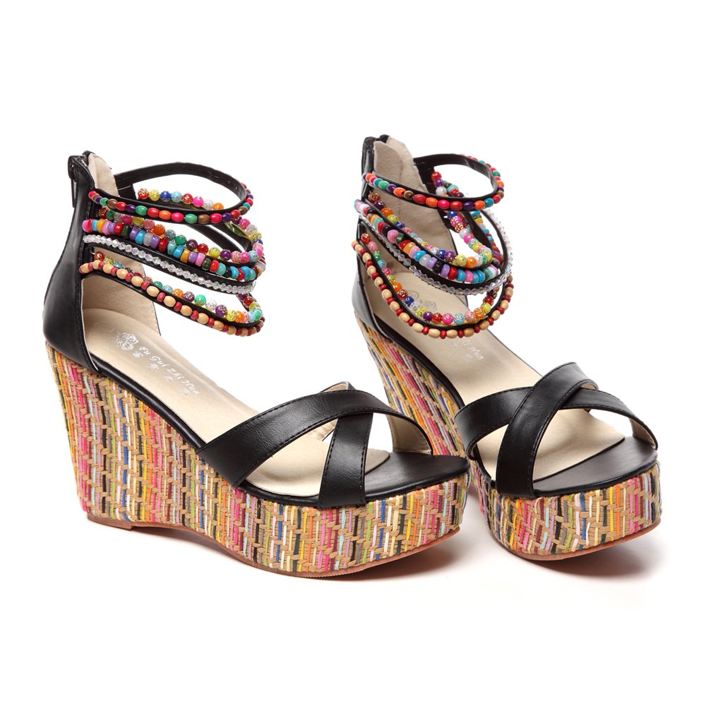 Getmorebeauty Women's Pearl Embellished Wedge Sandals - Comfortable Platform High Heels for Summer, Beach, and Casual Outings