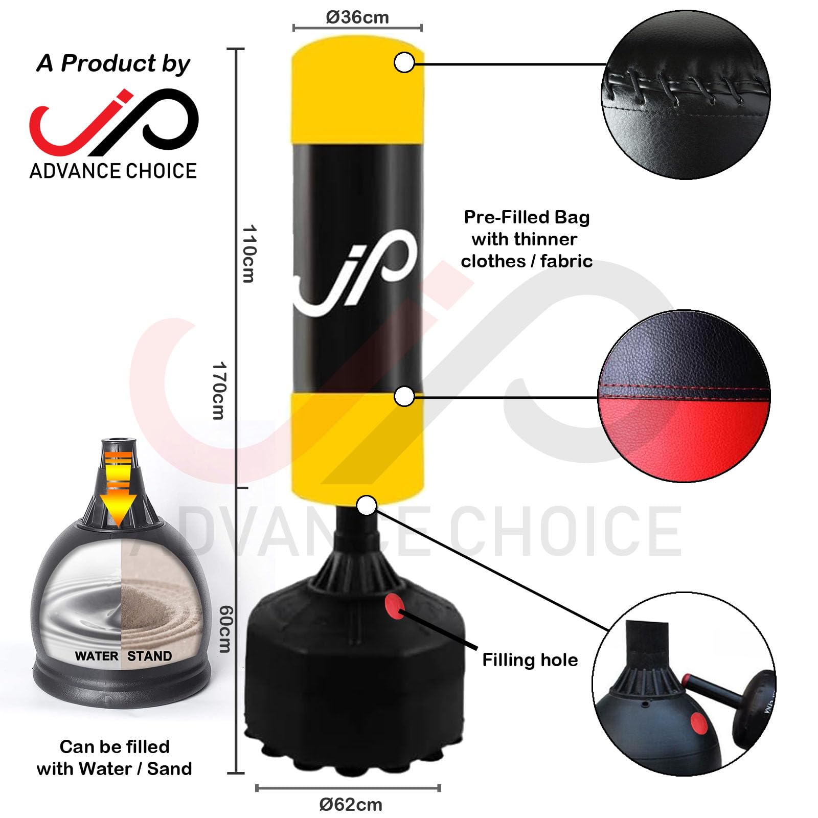 Free Standing Punching Bag for Adults - Heavy Duty Double Stitched Boxing Bag with Suction Cups - Perfect for MMA Training, Taekwondo & Kickboxing Practice at Home or Gym