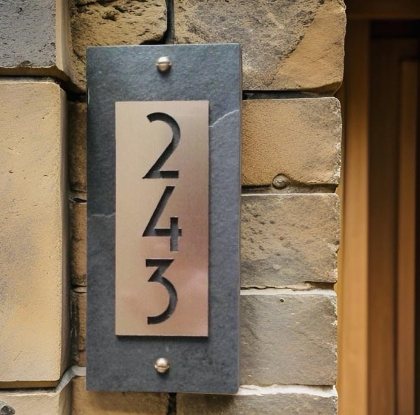 Modern Vertical Slate Address Plaque with Copper Finish - Customizable House Numbers 1-5 - Perfect for Front Door, Mailbox & Outdoor Home Decor