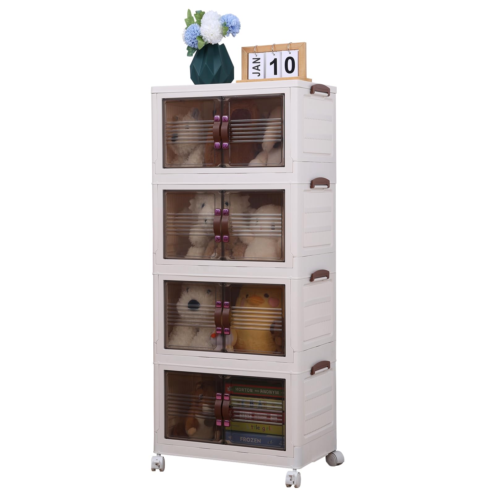 4-Tier Stackable Storage Bins with Lids & Wheels - Foldable Closet Organizer for Bathroom, Kitchen, Office - White Storage Cabinet for Home Organization & Space Saving