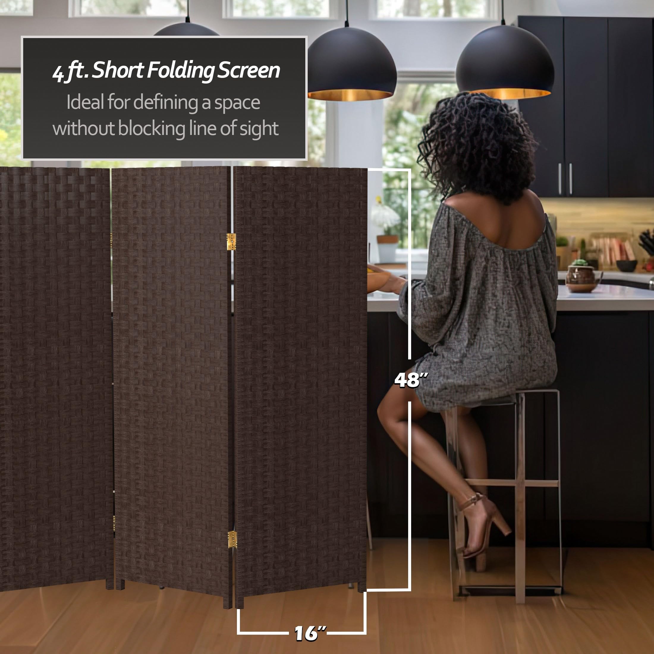 4 ft. Short Woven Fiber Folding Room Divider - Dark Mocha - 6 Panel Privacy Screen - Perfect for Home Office, Bedroom Partition, and Indoor Decor