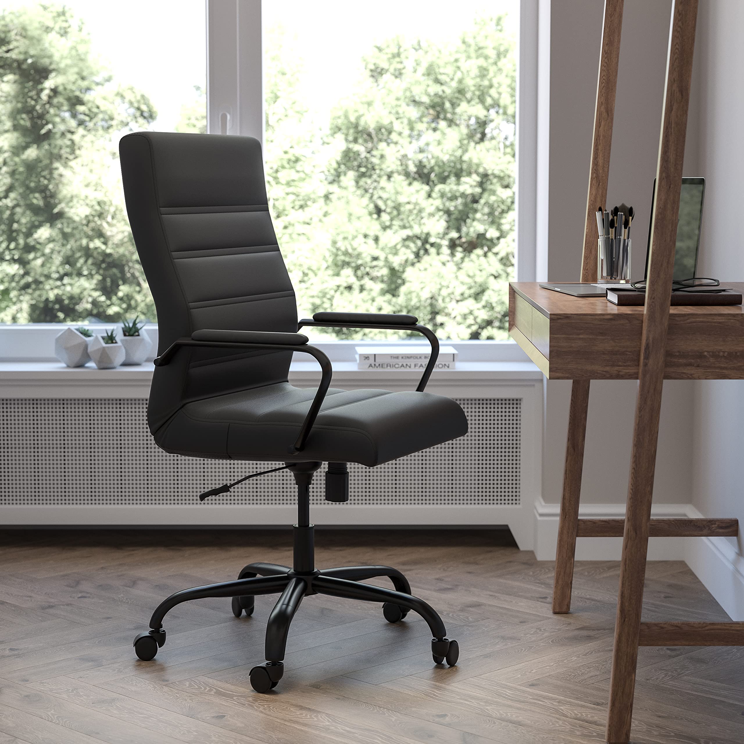 EMMA + OLIVER High Back Black LeatherSoft Executive Swivel Office Chair with Black Frame & Arms - Ergonomic Desk Chair for Home Office, Conference Room & Workspace
