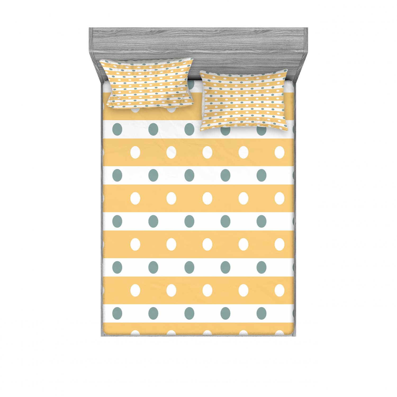 Ambesonne 2-Pack Queen Size Fitted Sheet & Pillow Sham Set - Yellow White Striped Dots Pattern, 4-Piece Bedding Set (2 Fitted Sheets + 4 Pillow Covers) in Almond Green Apricot | Soft Luxury Cotton Blend | Perfect for Guest Rooms, Vacation Homes & Modern Bedroom Decor