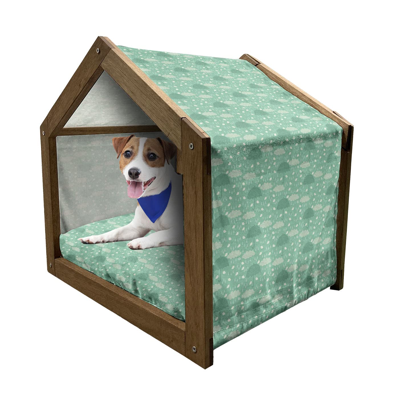 Ambesonne Wooden Pet House for Dogs - Portable Indoor & Outdoor Dog Kennel with Pillow & Cover - Small Size, Pale Green & Sea Green - Perfect for Wet Autumn Weather & Heavy Rainfall - Cozy Shelter for Small Dogs in Rainy Days & Outdoor Adventures