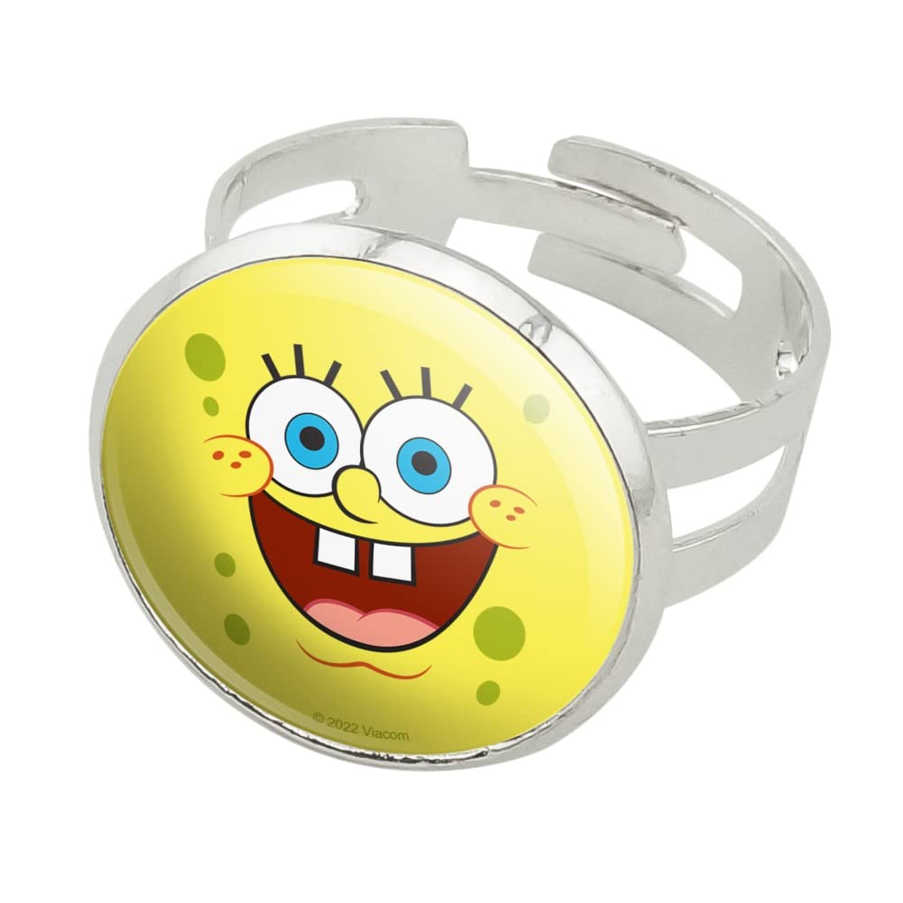 SpongeBob SquarePants Goofy Smile Face Silver Plated Adjustable Ring - Fun Cartoon Character Jewelry for Cosplay, Gifts, and Everyday Wear