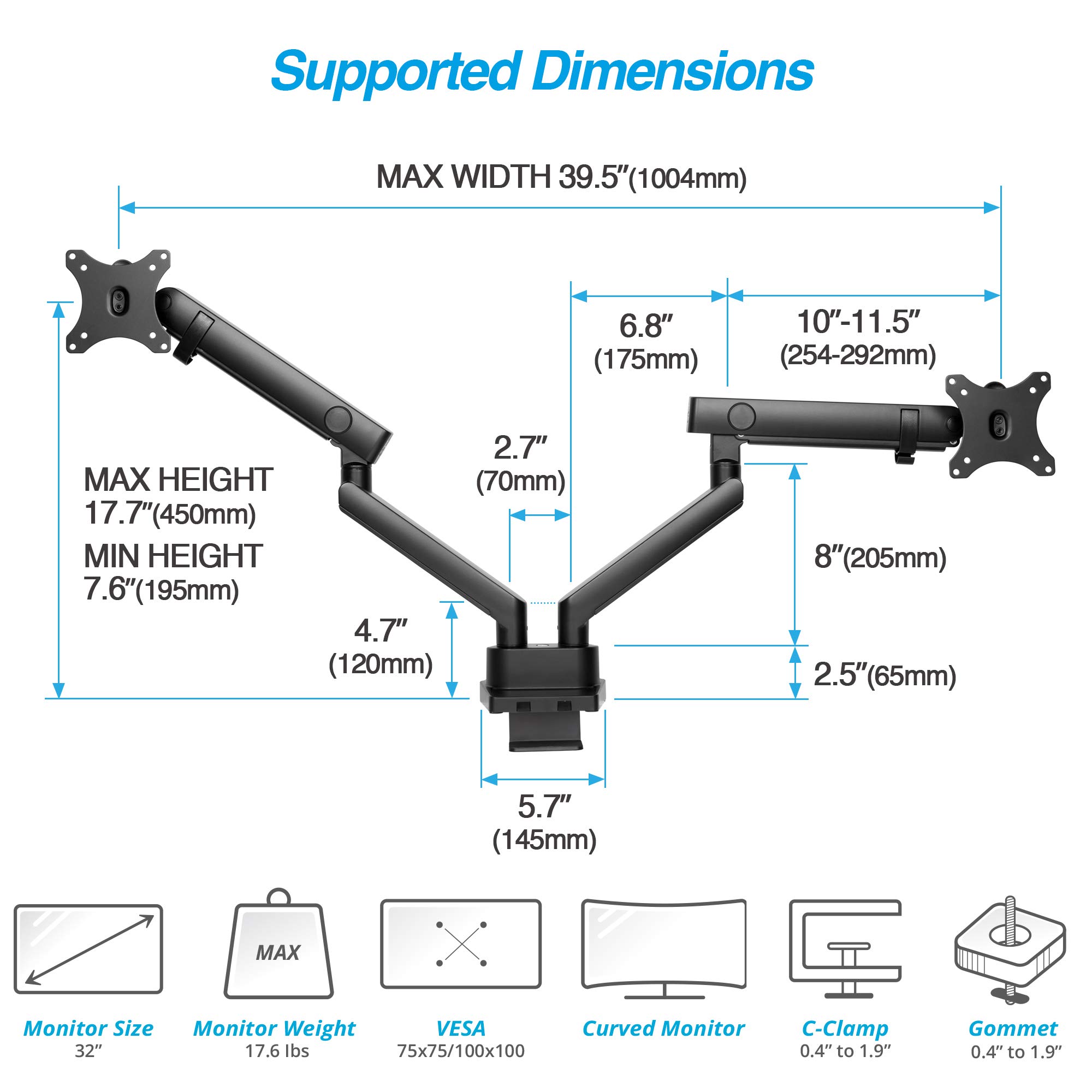 AVLT Dual Monitor and Laptop Stand - Adjustable Full Motion Arm Mount for 15.6