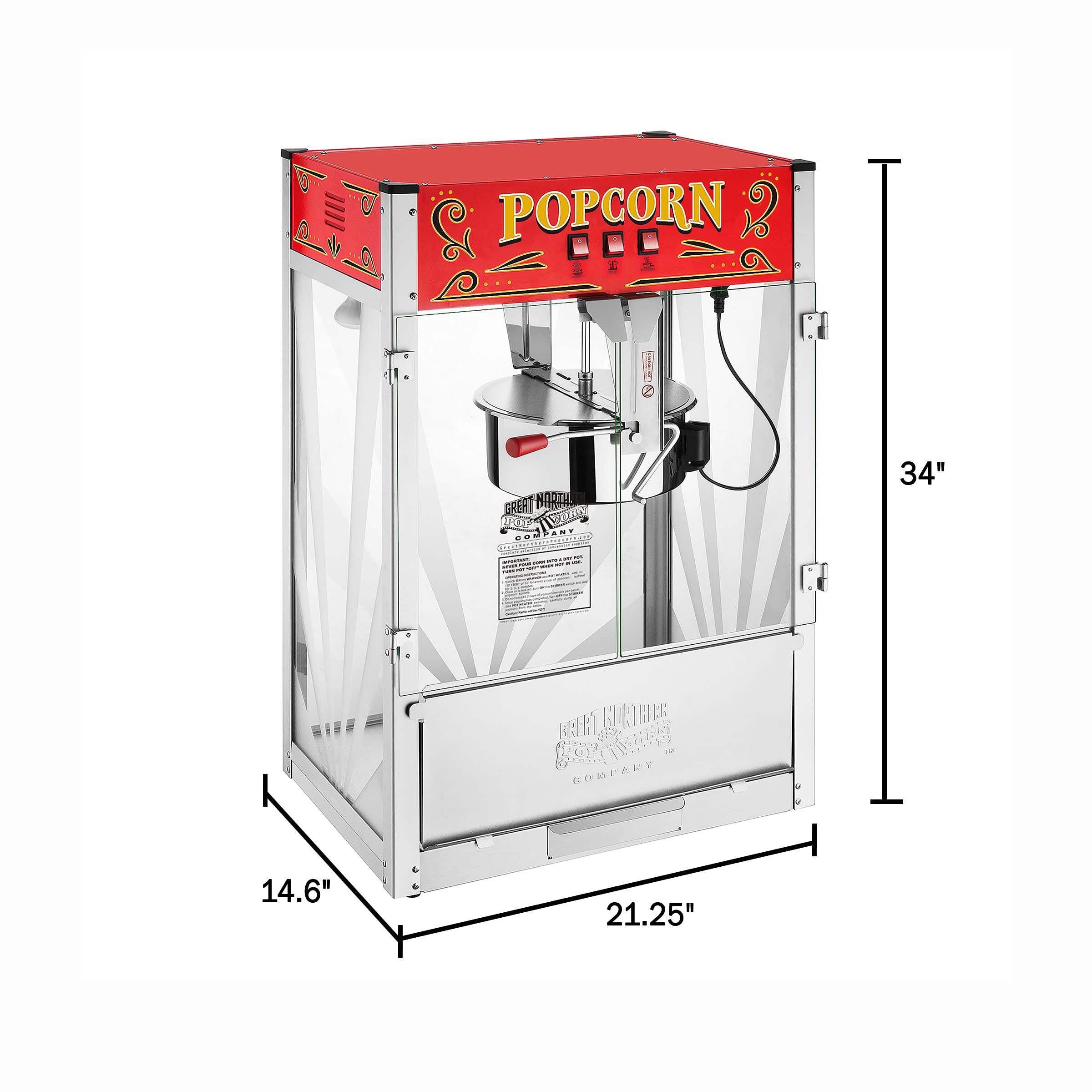 Great Northern Popcorn Midway Marvel 7 Gallon Countertop Popcorn Machine with 16oz Kettle, Old Maids Drawer & Warming Tray - Perfect for Movie Nights, Parties & Carnival Themed Events (Silver/Red)