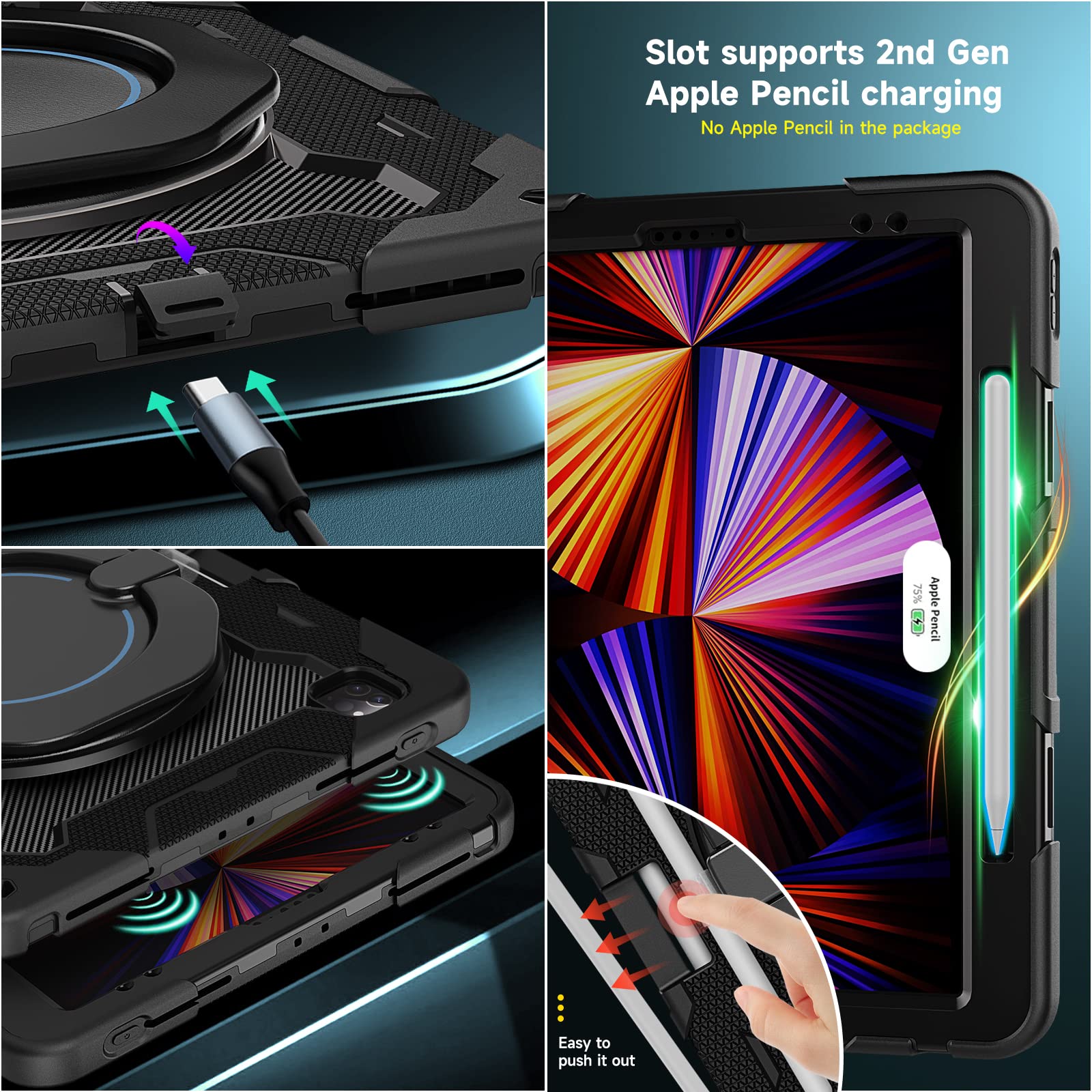 ROISKIN Heavy Duty Rugged Case for iPad Pro 12.9 inch (6th/5th/4th/3rd Gen) with Screen Protector - 360° Kickstand, Handle, Pencil Holder & Shoulder Strap | 15ft Drop Protection | Perfect for Kids, Outdoor Activities & Travel