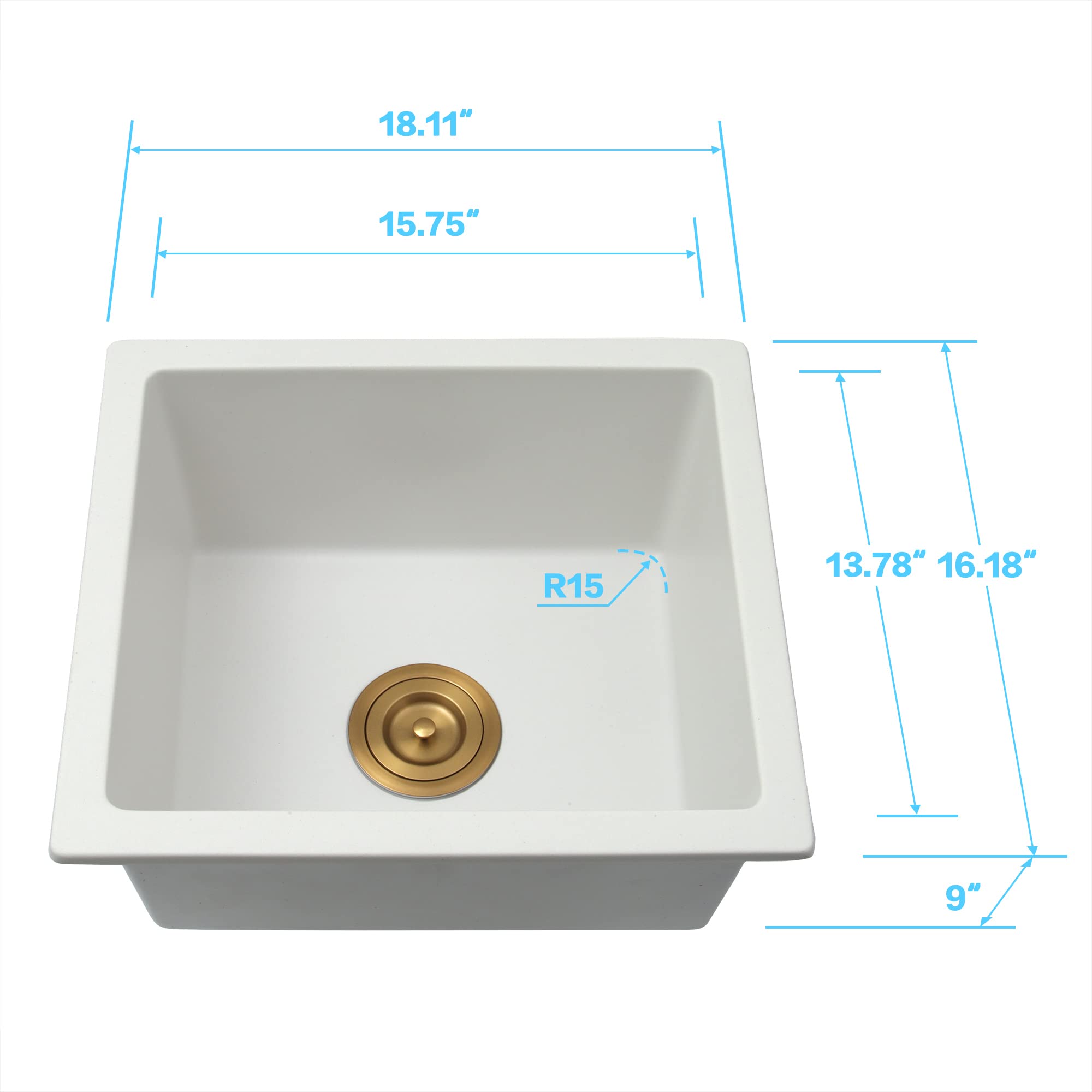 16 x 18 Inch Undermount Bar Sink - Small White Composite Wet Bar Sink for Kitchen, RV & Outdoor Entertaining
