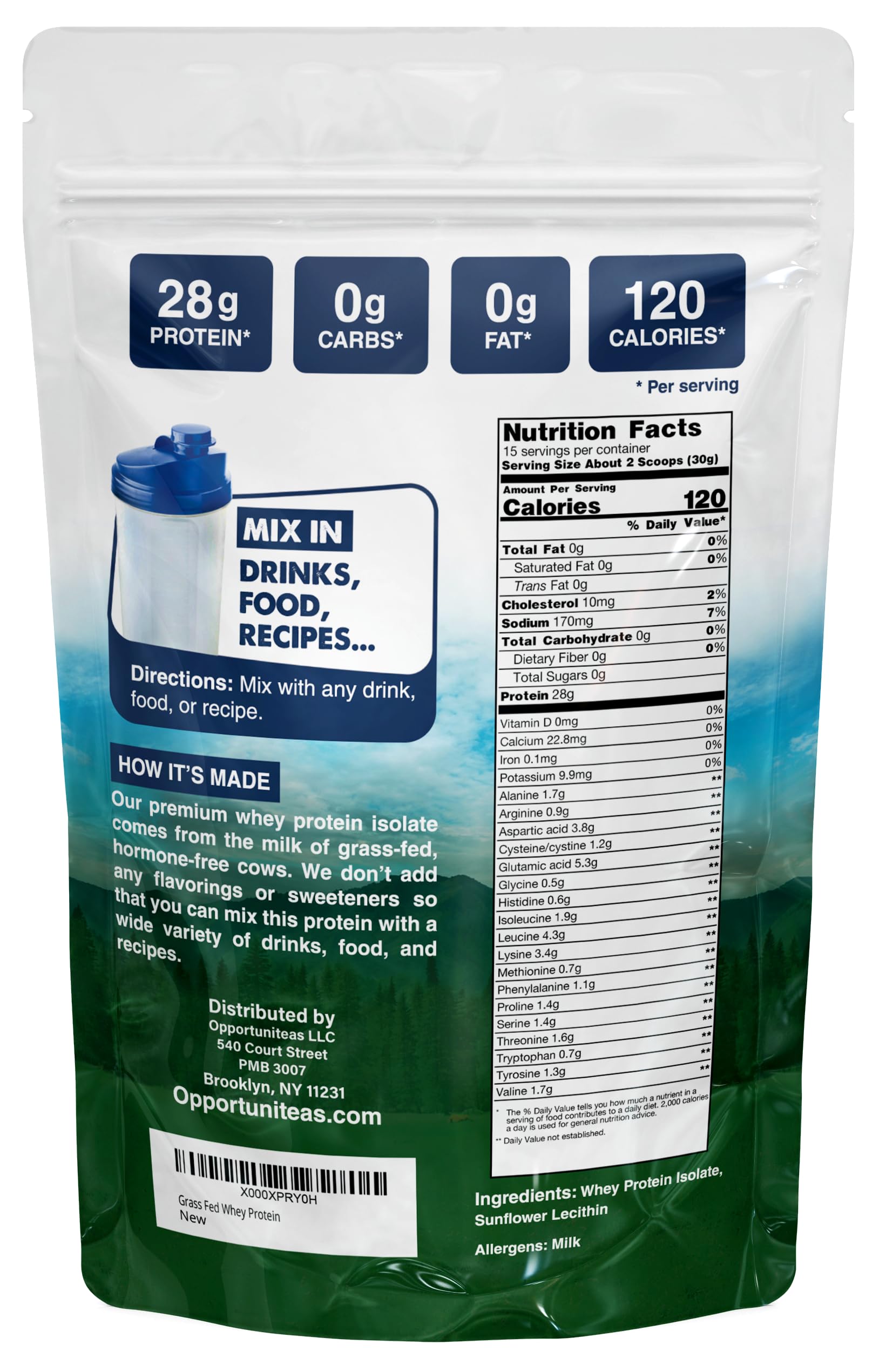 Grass Fed Whey Protein Isolate Powder - Unflavored, 28g Protein per Serving, No Artificial Sweeteners, Hormone-Free, Non-GMO, 1lb - Ideal for Post-Workout Recovery, Smoothies & Baking