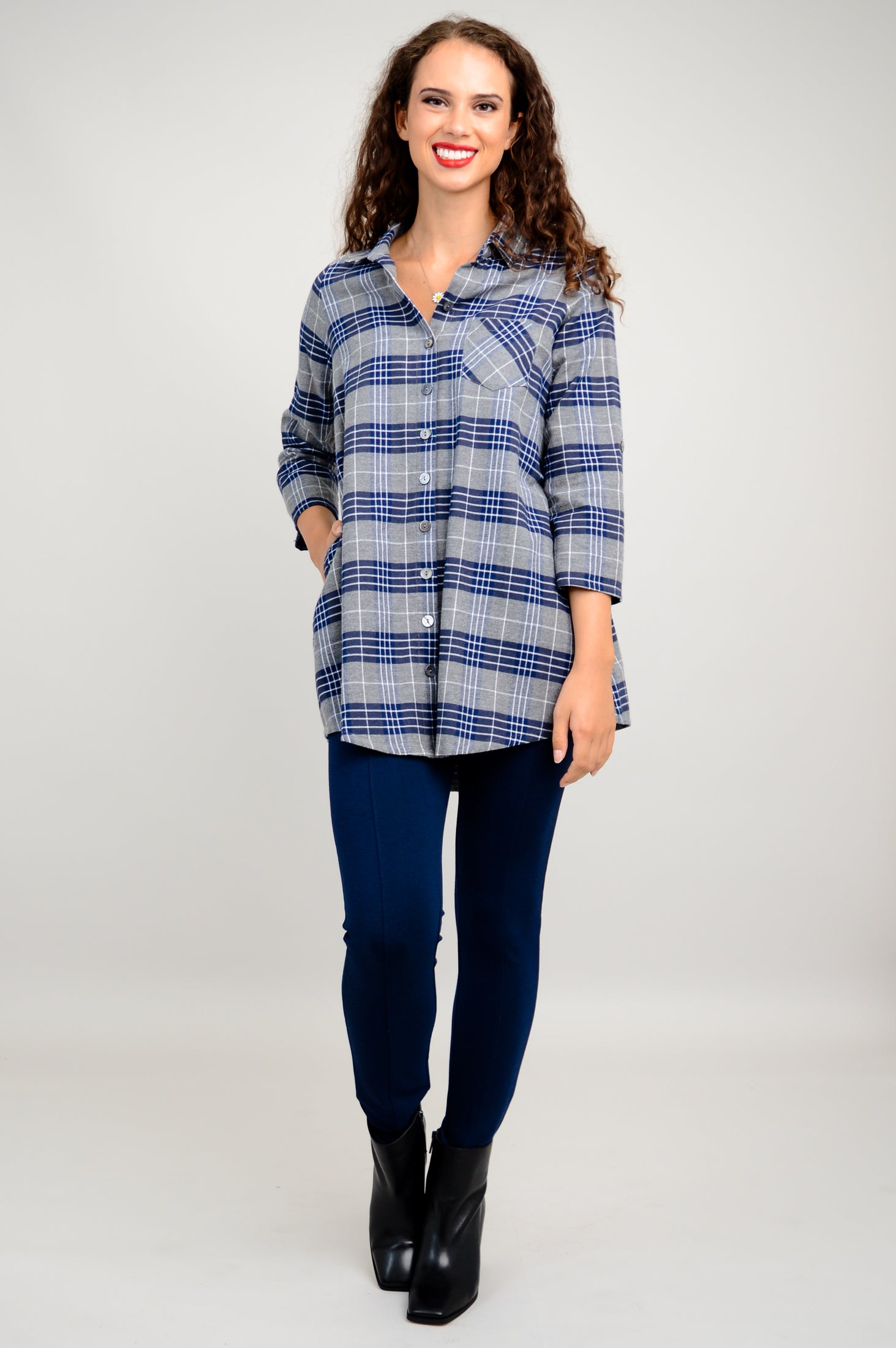 Celine Tunic - Spruce Plaid Cotton Flannel Shirt for Women | Soft & Comfortable Fall Winter Top | Perfect for Casual Outings, Office Wear & Layering