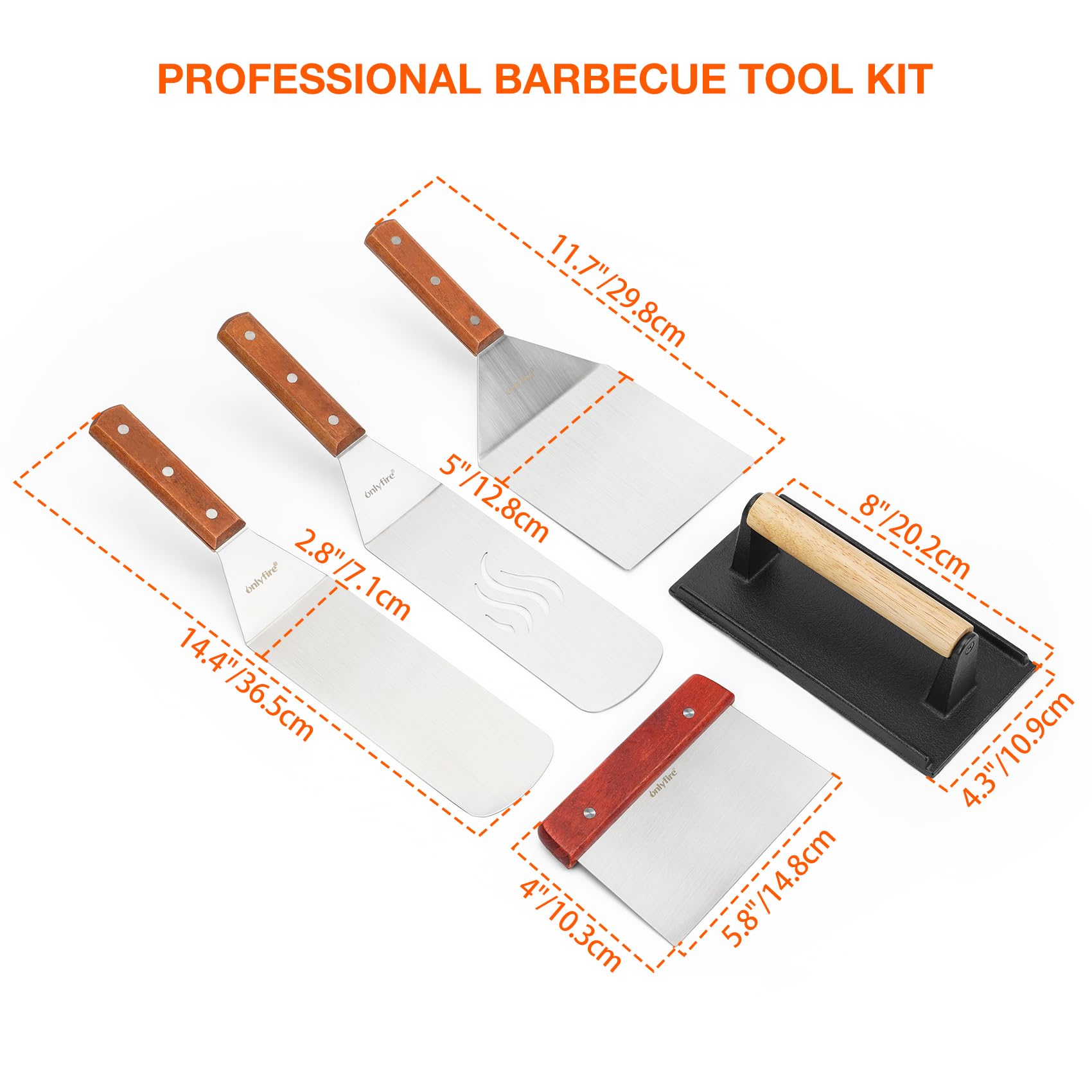 OnlyFire Professional 5-Piece BBQ Grill Tool Kit - Stainless Steel Griddle Accessories for Camping, Outdoor Hibachi & Backyard Cooking - Perfect for Grilling, Searing & Flat Top Cooking