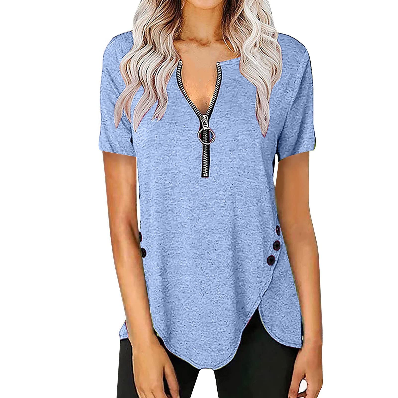 Women's Summer Tops - Casual Short Sleeve Blouses with Crew Neck & Side Buttons | Dressy Tunic T-Shirts for Work, Date Night & Weekend Outings