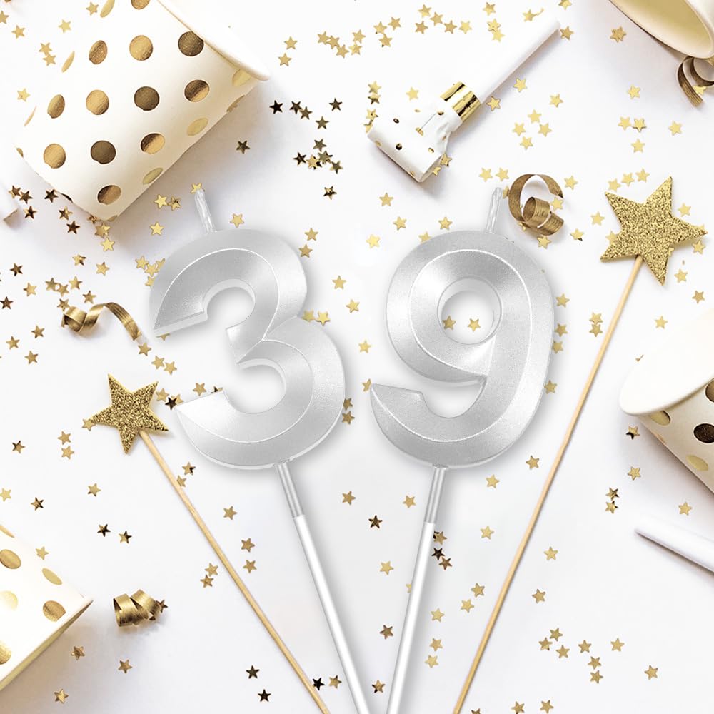 39 Number Candles for Birthday Cake - Silver Decorations for Party Wedding