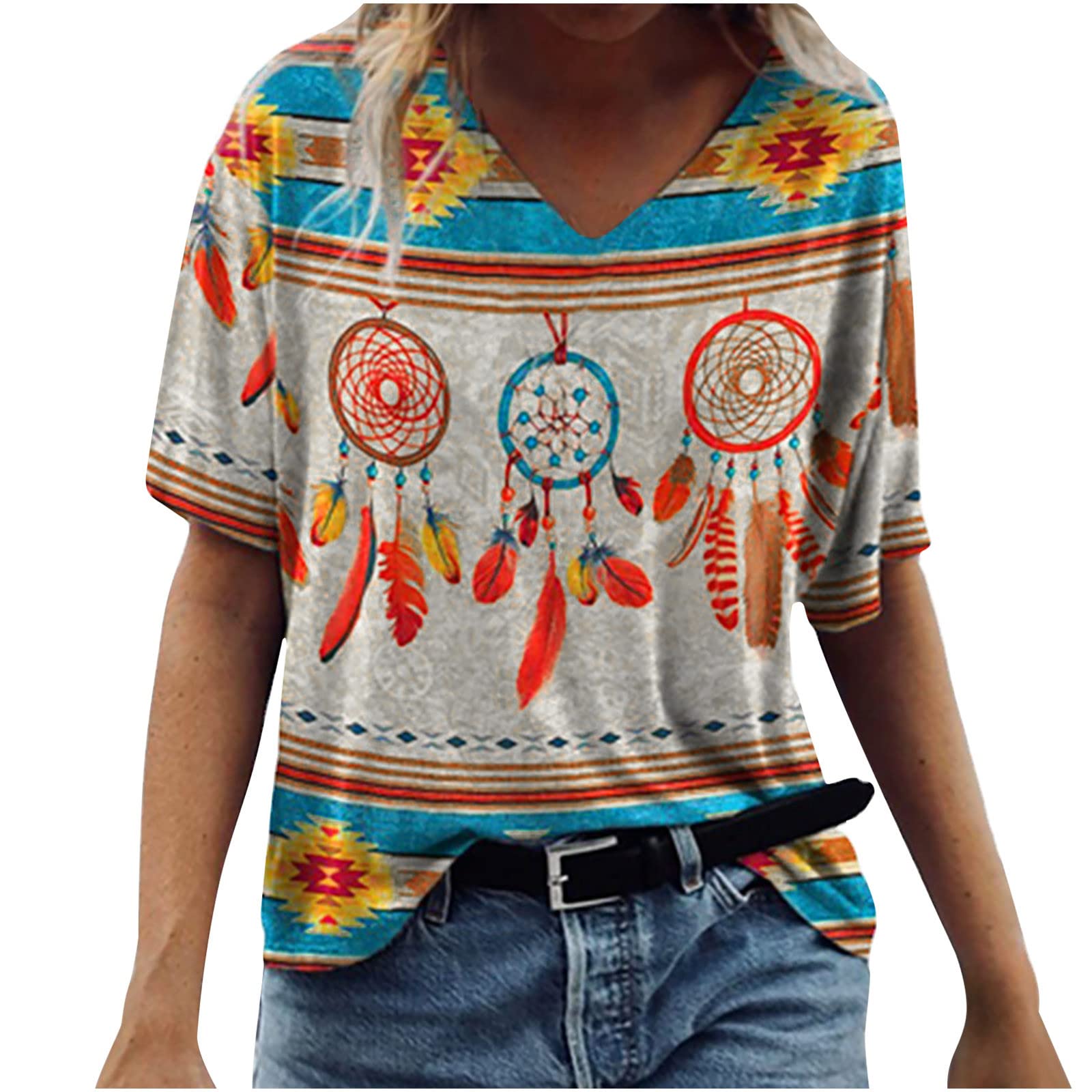 Women's Fashion Graphic T-Shirts - Geometric Print V-Neck Loose Casual Tunic Blouse for Summer | Perfect for Beach Outings, Weekend Wear & Casual Office Looks