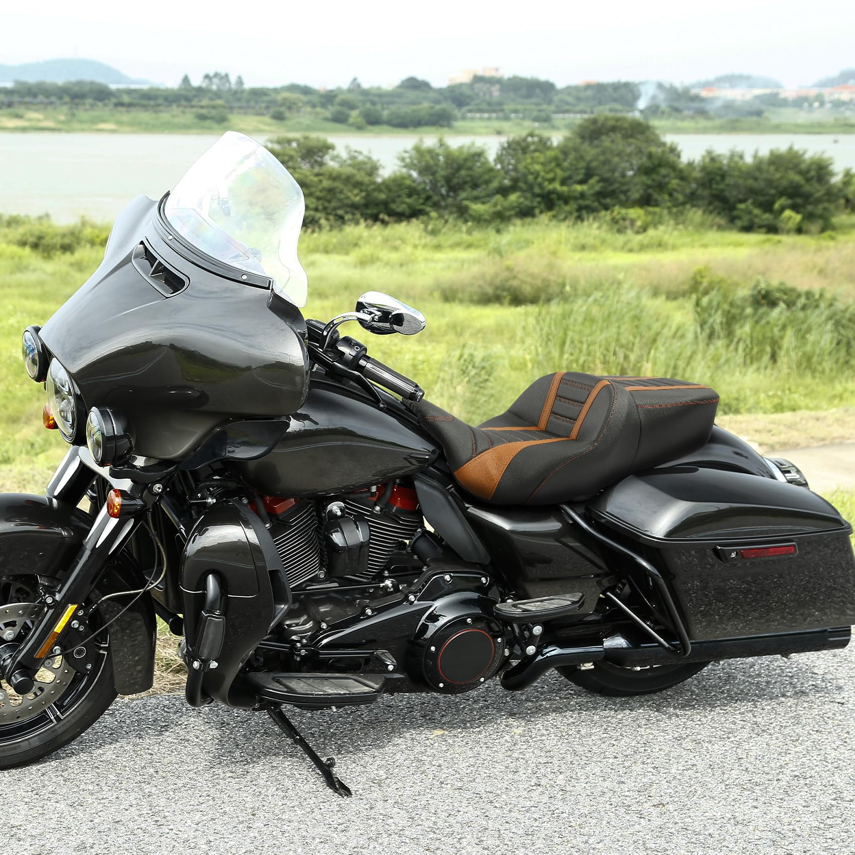 C.C. RIDER Driver & Passenger Seat - Rally Stripe Tuck & Roll 2-Up One-Piece for Harley Touring Road King Street Glide Road Glide Electra Glide 2009-2023 | Comfortable Motorcycle Seat for Long Rides & Cruising