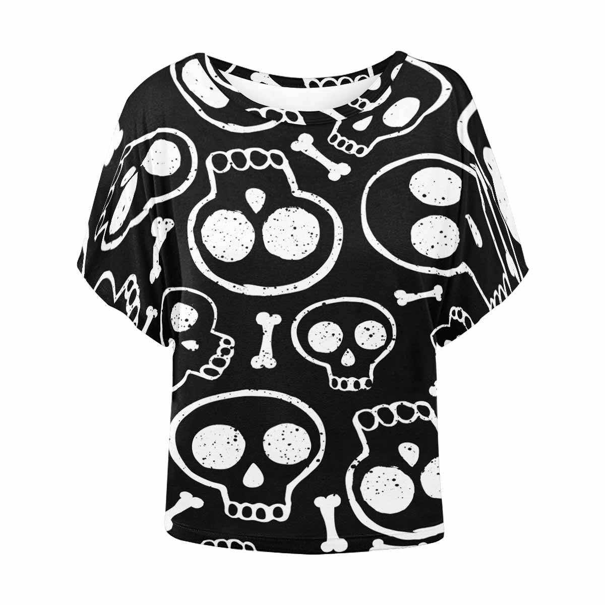 InteresrPrint Women's Summer Batwing Loose Blouse - Casual O-Neck Short Sleeve T-Shirt with White Skull Print on Black Background | Perfect for Beach Outings, Music Festivals & Streetwear Fashion