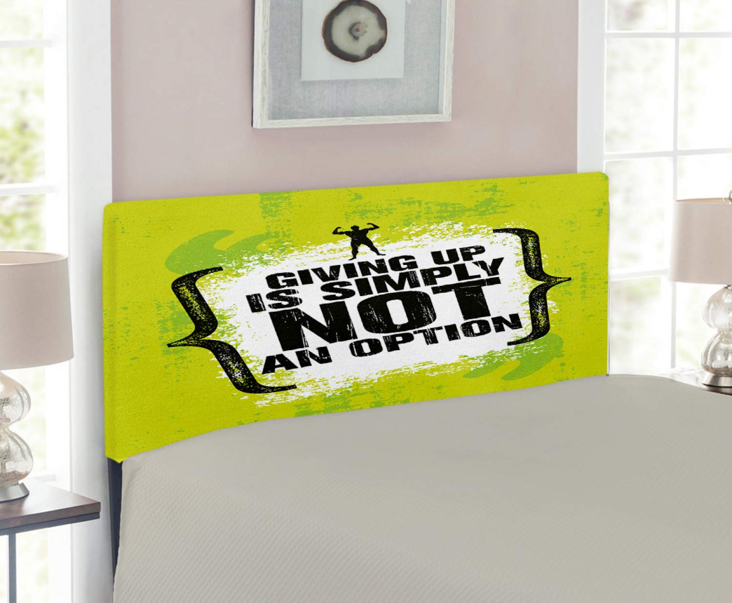Ambesonne Fitness Headboard - Upholstered Metal Bed Headboard with Memory Foam, Twin Size in Apple Green Black White - Motivational Grunge Design with Muscular Champion - Perfect for Home Gym Decor & Athlete Bedroom Inspiration