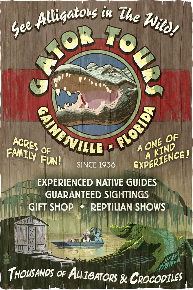Vintage Gator Tours Gainesville Florida 24x36 Signed Art Print - Wall Decor Poster for Home, Office & Man Cave | Unique Florida Gifts & Souvenirs