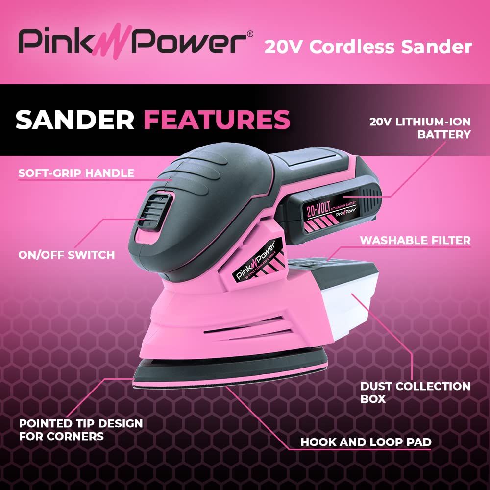 20V Cordless Electric Hand Sander - Pink Power Detail Sander for Woodworking & Furniture Repair | Mini Palm Sander with Sandpaper, 2 Li-Ion Batteries & Charger | Perfect for DIY Projects, Home Renovation & Small Woodworking Tasks