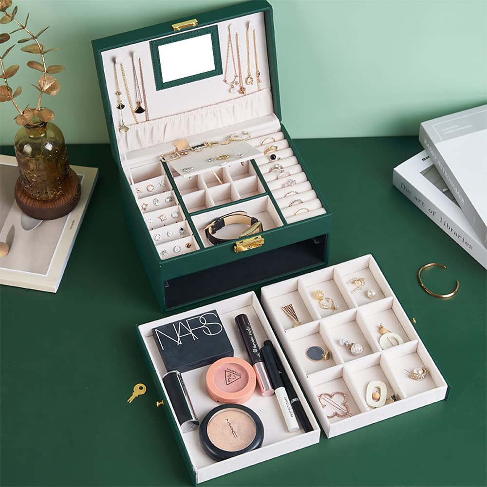 3-Layer Large Jewelry Box for Women with 2 Lockable Drawers - Premium Jewelry Storage Organizer for Necklaces, Rings & Earrings - Perfect for Bedroom, Closet & Travel Use