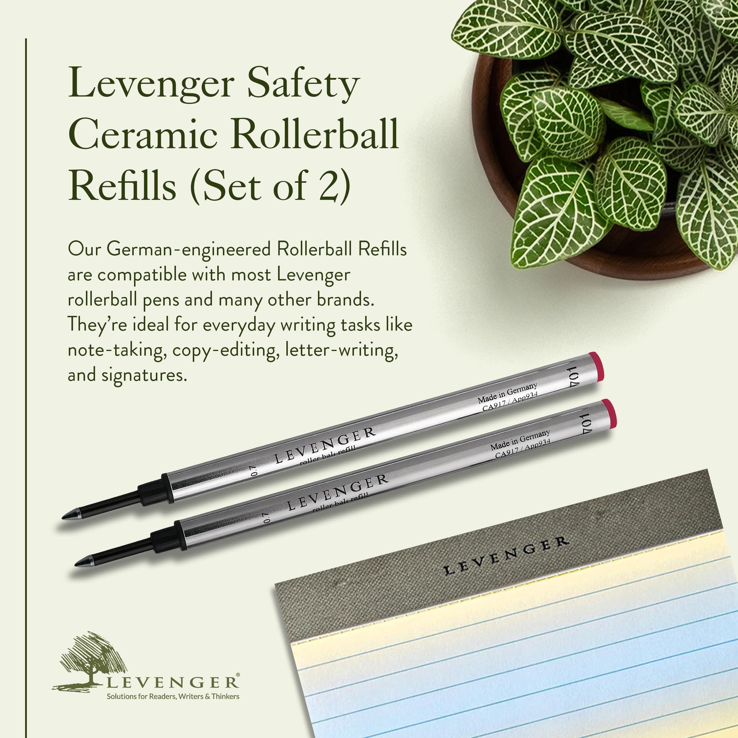 Levenger 0.7mm Rollerball Ink Refills for Refillable Pens - German-Made Ceramic Tip, 2-Pack Red Medium Ink Cartridges | Perfect for Journaling, Note-Taking & Office Use