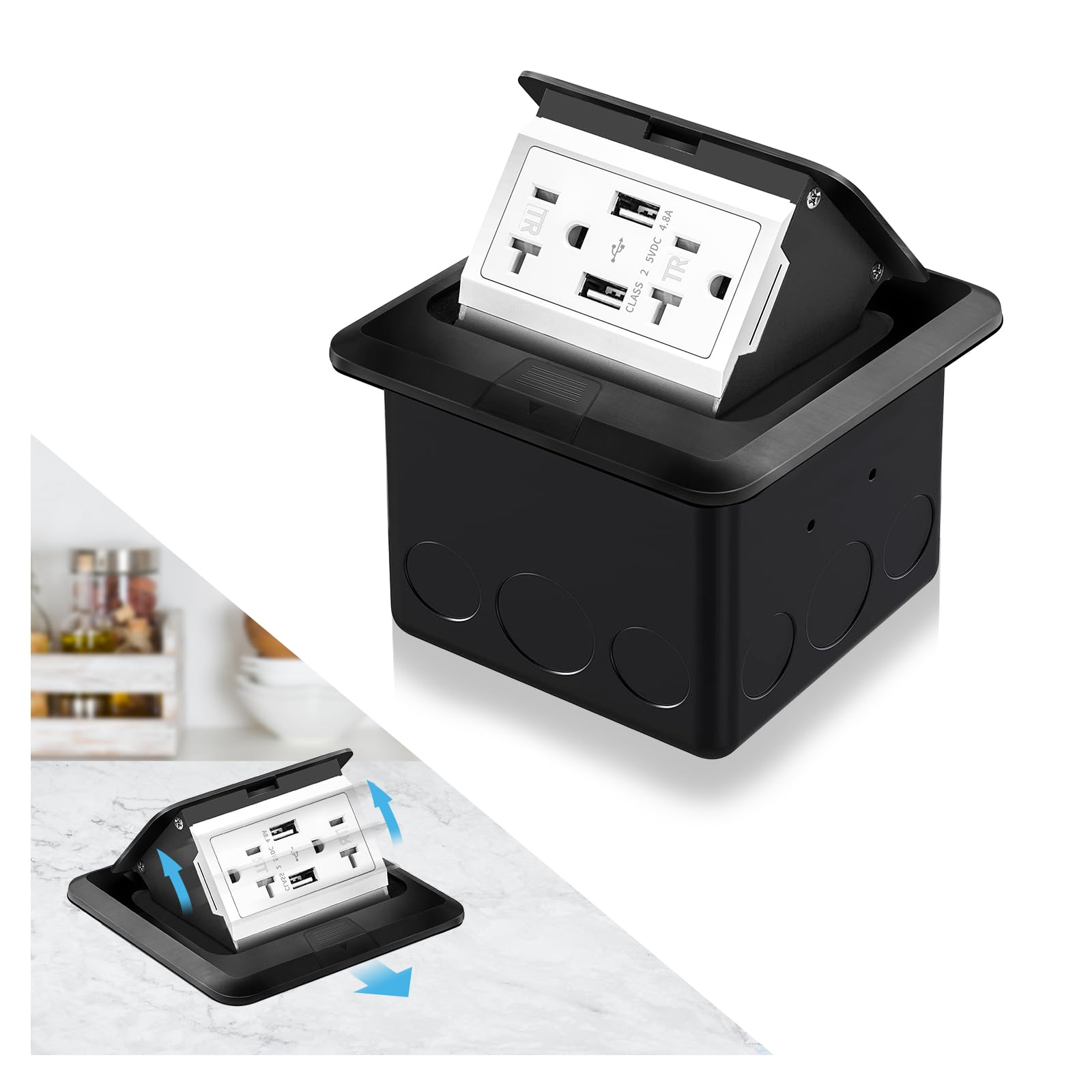 Vagueior Recessed Floor Electrical Outlet Kit - Waterproof & Tamper-Resistant with 4.8A USB & 20A Receptacle - Slow Elastic Damping - ETL Certified - Black (1 Pack) - Perfect for Basements, Garages & Outdoor Areas