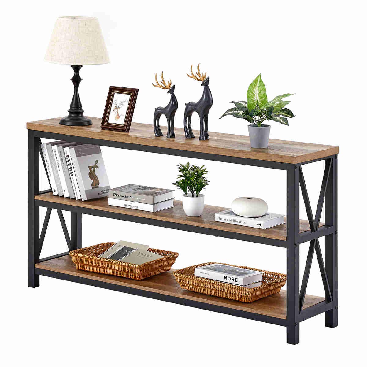 FATORRI 55 Inch Rustic Oak Industrial Console Table with 3-Tier Shelves - Entryway Sofa Table, Hallway Table for Living Room, Bedroom & Office Decor | Perfect for Farmhouse, Apartment & Modern Home Style