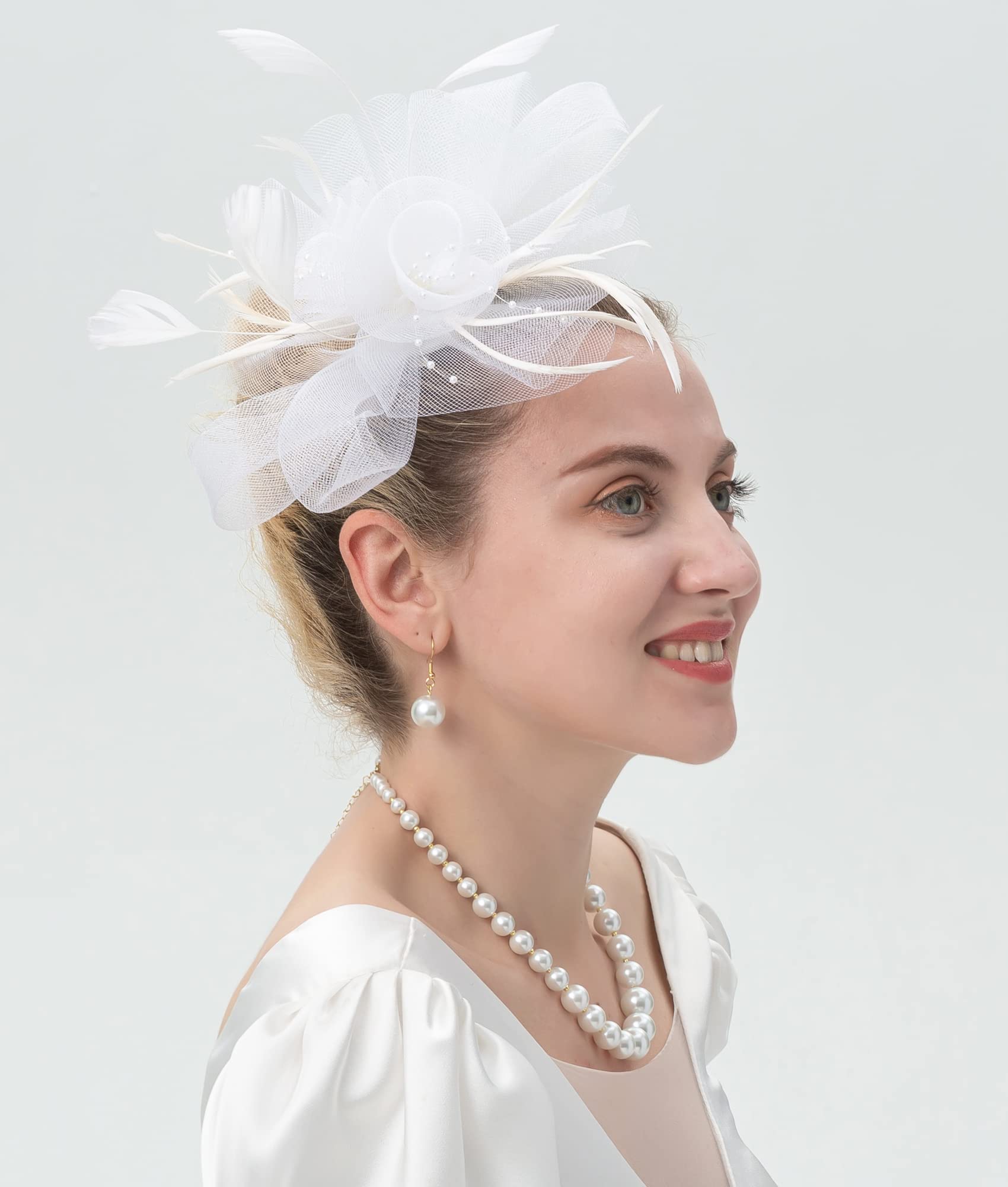 Myjoyday Women's Elegant Feather Fascinator Hat with Veil Headband & Hair Clip - Perfect for Tea Parties, Church Events, Cocktail Dinners, Weddings and Special Occasions