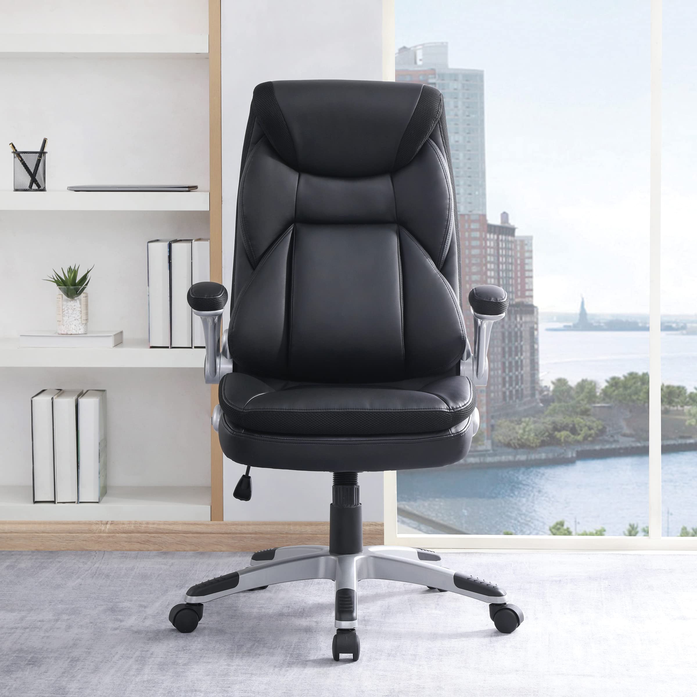 Office Star ECH Series Executive Bonded Leather Office Chair with Lumbar Support & Adjustable Arms - Black with Silver Base | Ergonomic Desk Chair for Home Office, Gaming & Workspace Comfort