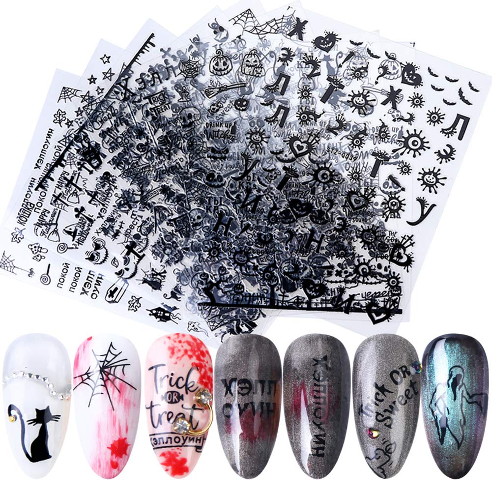 3D Halloween Nail Art Stickers - 9 Sheets Self-Adhesive Nail Decals with Skull, Witch, Pumpkin, Ghost & Cat Designs - Perfect for Halloween Parties, Manicures & Nail Decorations - Great for Costume Parties, Trick or Treat Events & Spooky Nail Art