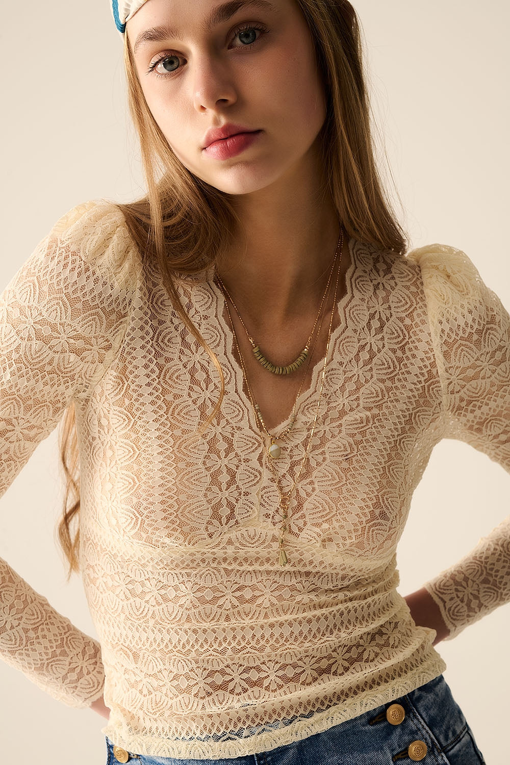 Elegant Beige V-Neck Lace Long Sleeve Romantic Blouse - Perfect for Date Nights, Weddings & Special Occasions