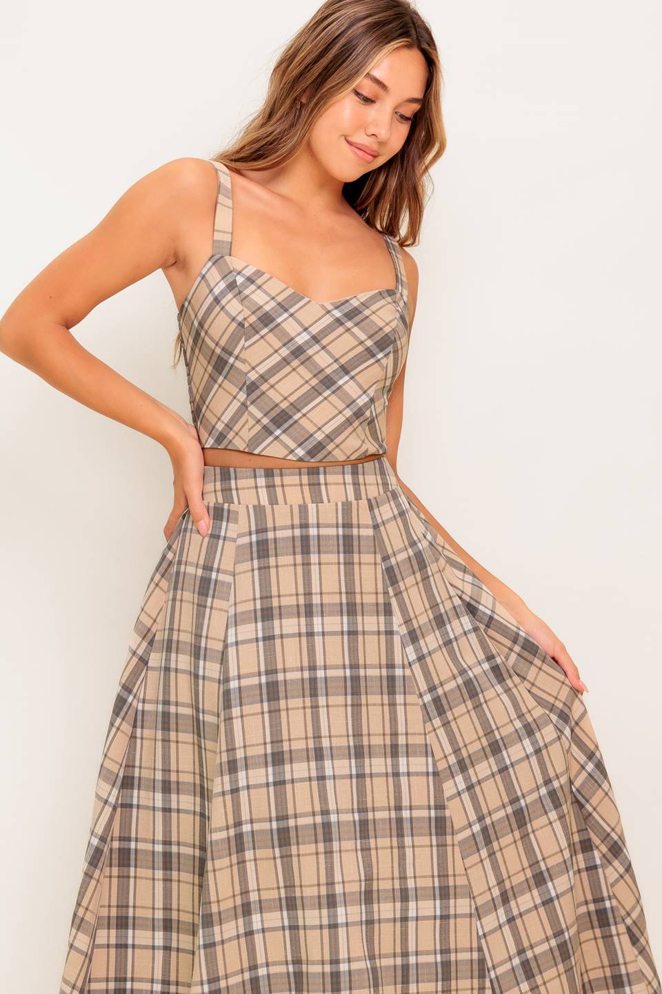 Heritage Charm Beige Plaid Top & Skirt Set - Vintage-Inspired Women's Outfit for Casual Wear & Fall Fashion