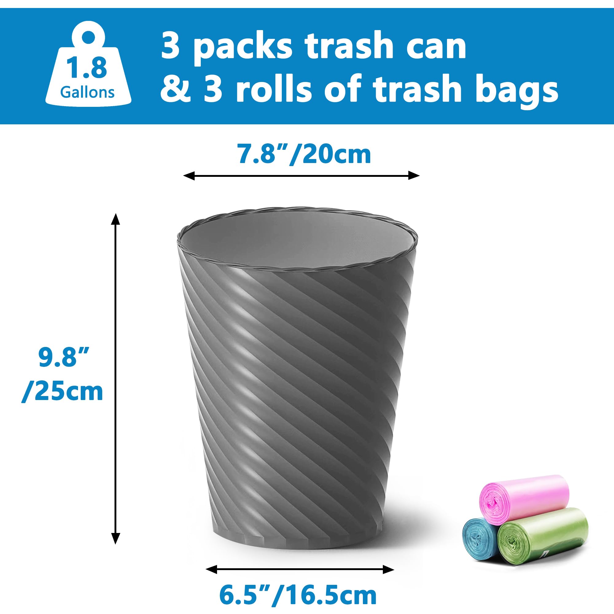 Lysam 3-Pack 1.8 Gallon Small Bathroom Trash Can with Liners - Round Plastic Waste Basket for Bathroom, Bedroom, Office - White, Black, Grey - Perfect for Tight Spaces & Home Organization