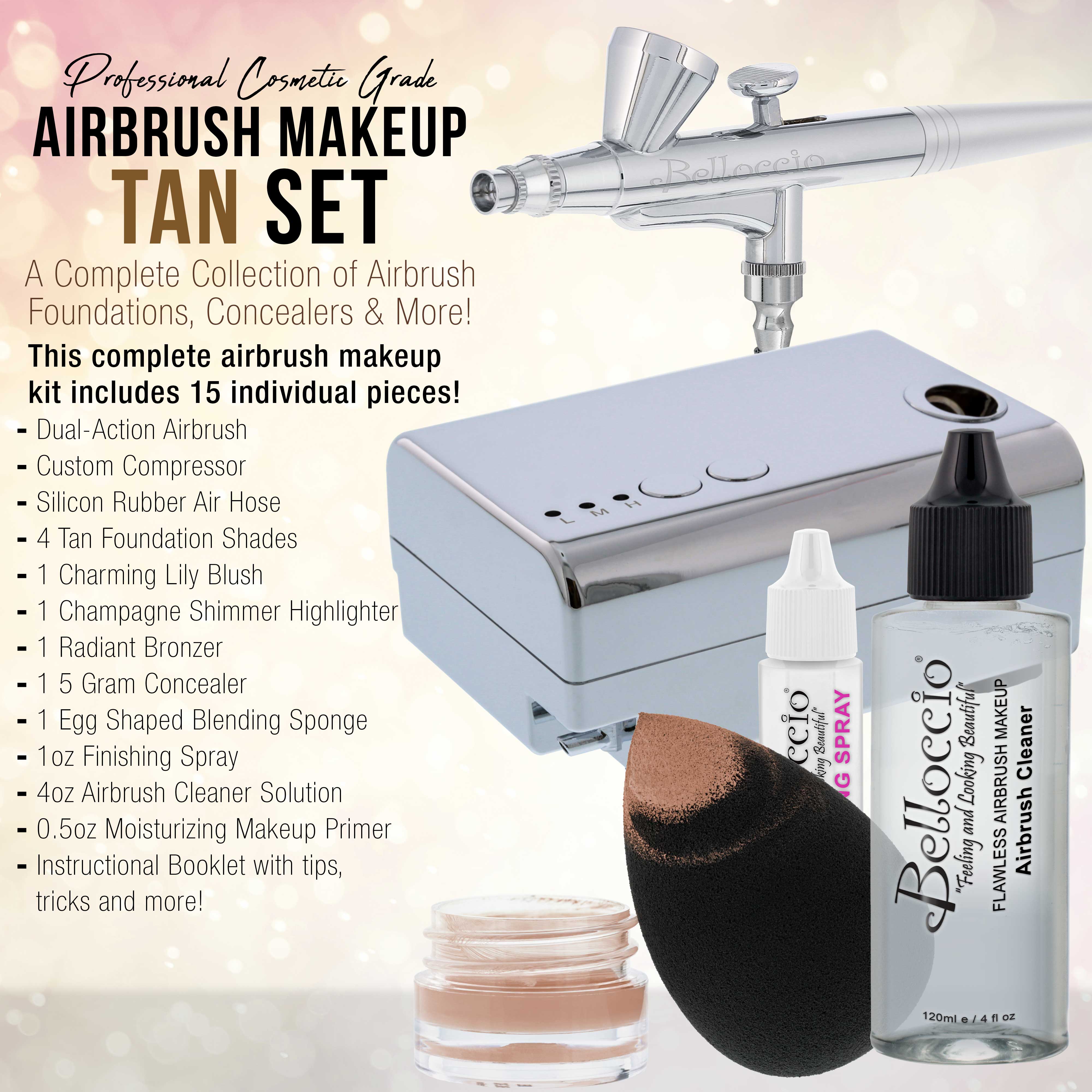 Belloccio Professional Airbrush Makeup System with 4 Tan Foundation Shades (1/4 oz Bottles) - Flawless Spray Tan & Body Contouring for Bridal, Photo Shoots & Special Events
