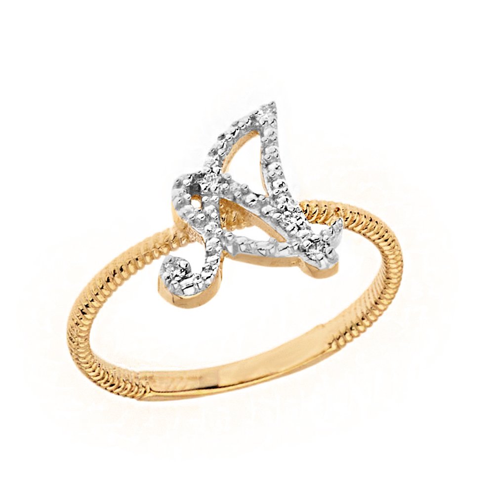10K Yellow Gold Diamond Initial Letter A Ring for Women - Modern Stackable Rope Design Jewelry - Perfect for Everyday Wear, Gift Giving & Layering with Other Rings