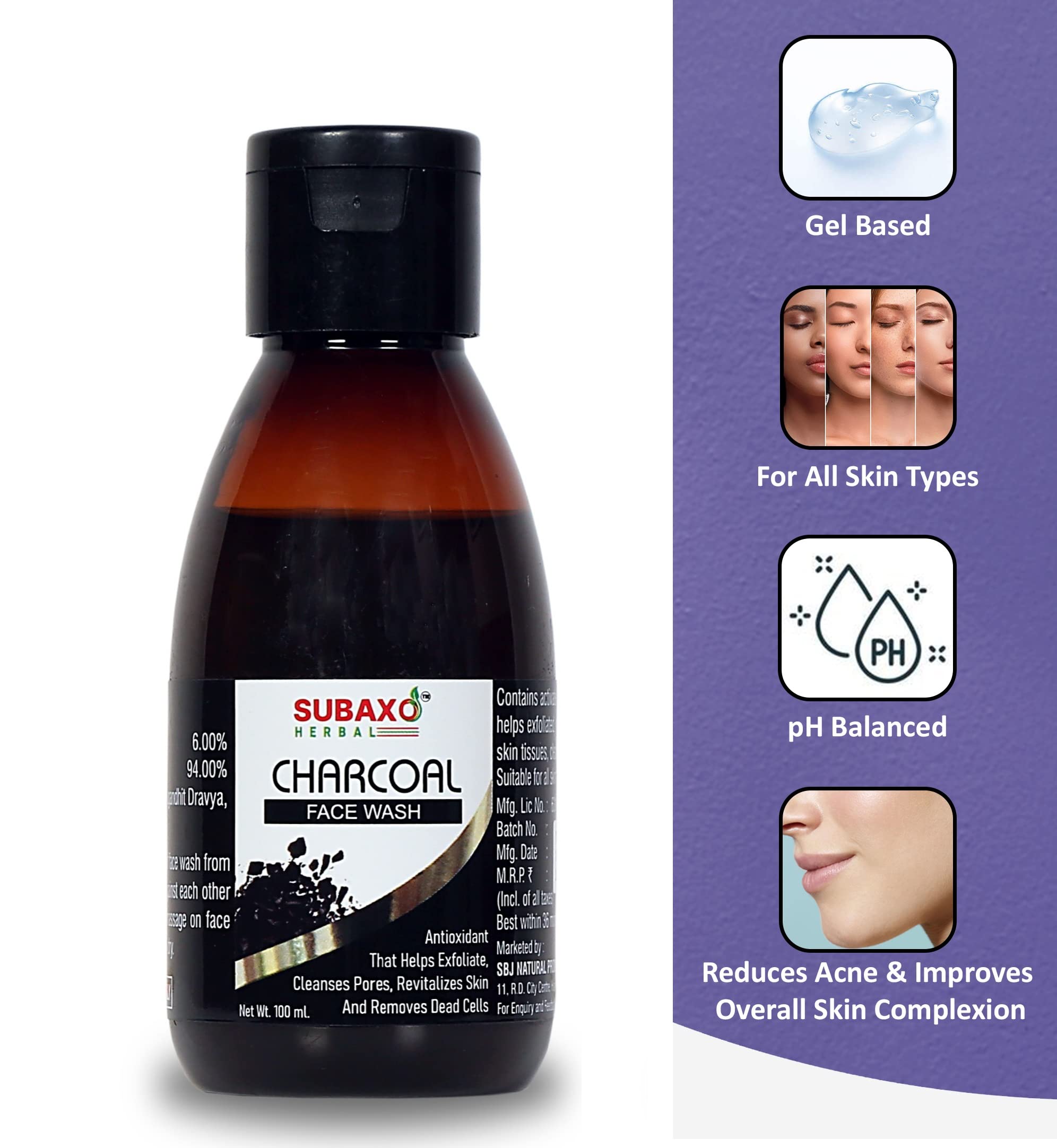 SUBAXO Charcoal Herbal Face Wash for Acne & Blackheads - Deep Cleansing Pore Minimizer with Natural Ingredients, 100ml - Perfect for Daily Skincare & Oily Skin Treatment