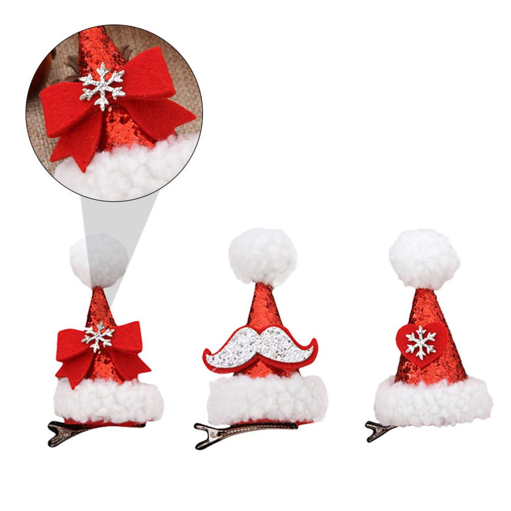 3pcs Christmas Mini Santa Hat Hair Clips with Moustache Bow - Festive Hair Pins & Barrettes for Kids & Baby - Perfect for Holiday Parties, Christmas Photos & Costume Accessories (Random Color)