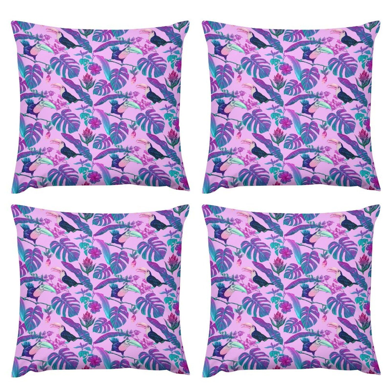 Soft Tropical Monstera & Toucan Plush Pillow Covers Set of 4 - 26x26 Inch Smooth Cushion Cases for Sofa, Bed, Living Room Decor | Perfect for Home, Nursery, Dorm & Gift