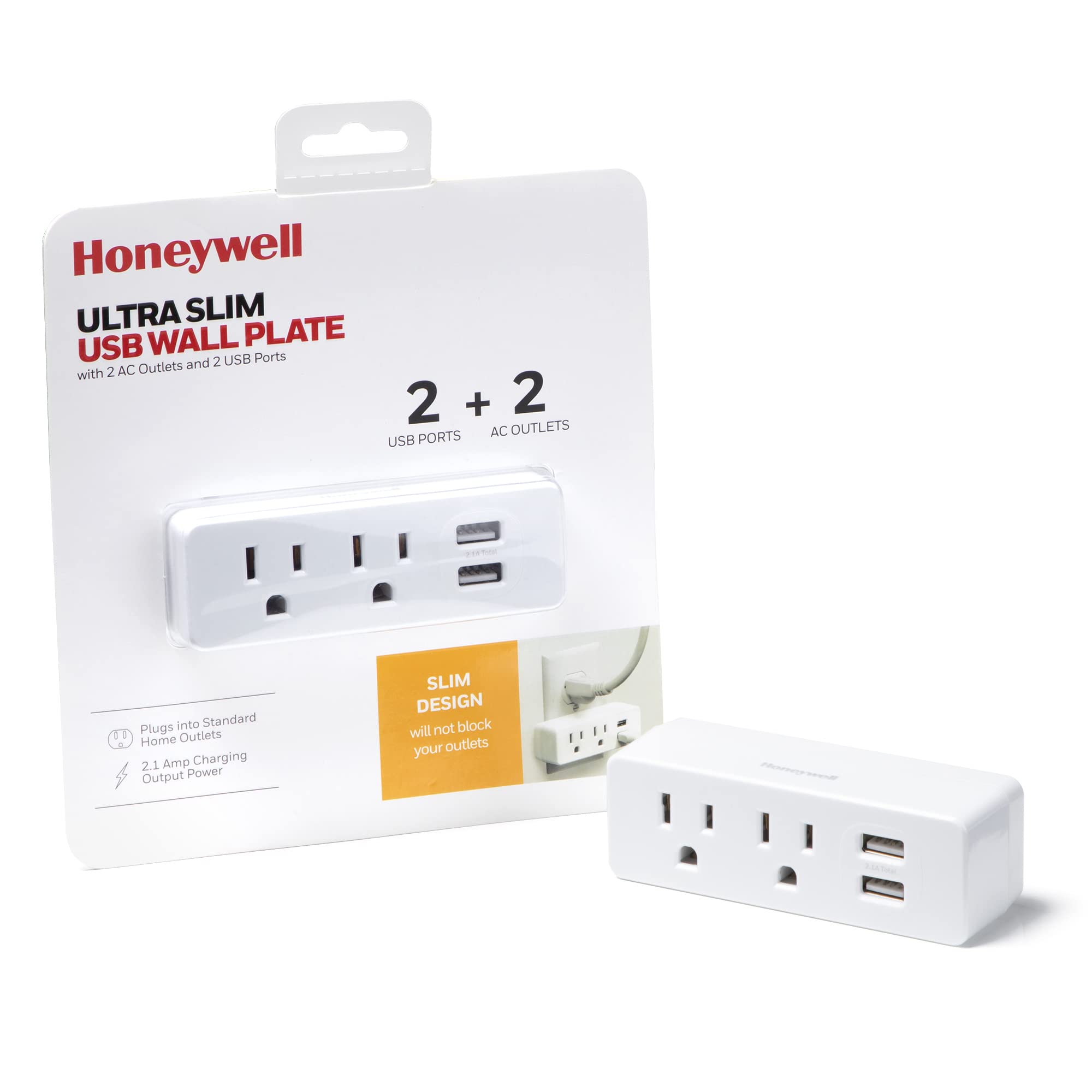 Honeywell Ultra Slim USB Wall Plate with 2 AC Outlets & 2 USB-A Ports (2.1A Fast Charging) - Space-Saving Design for Home, Office & Travel - Perfect for Charging Phones, Tablets & Small Electronics